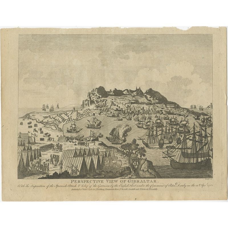 Antique print titled 'Perspective View of Gibraltar. With the the Disposition of the Spanish Attack, and Relief of the Garrison by the English Fleet under the command of Admiral Darby, 12 April 1781'. View of the island clearly showing the