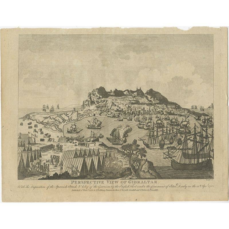 Antique Print of Gibraltar Showing the Spanish and English Fleet, 1782