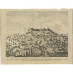 Antique Print of Gibraltar Showing the Spanish and English Fleet, 1782