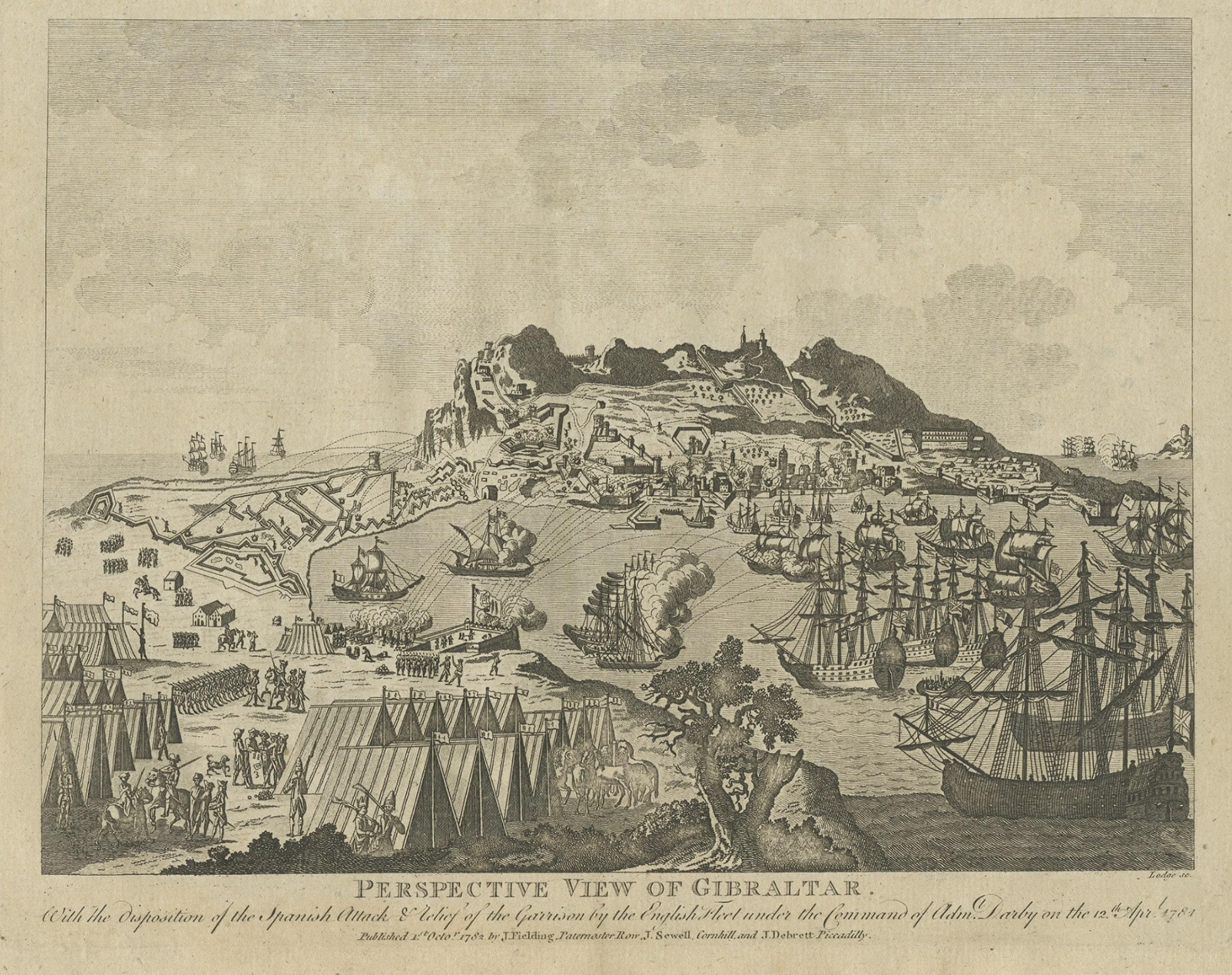 18th Century and Earlier Antique Print of Gibraltar Showing the Spanish and English Fleet, 1782 For Sale