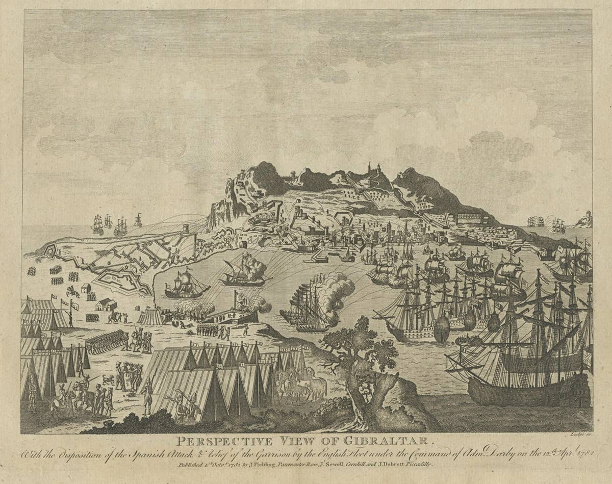 Antique Print of Gibraltar Showing the Spanish and English Fleet, 1782