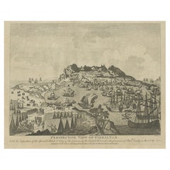 Antiker Druck von Gibraltar mit der Darstellung der spanischen und englischen Flotte, 1782