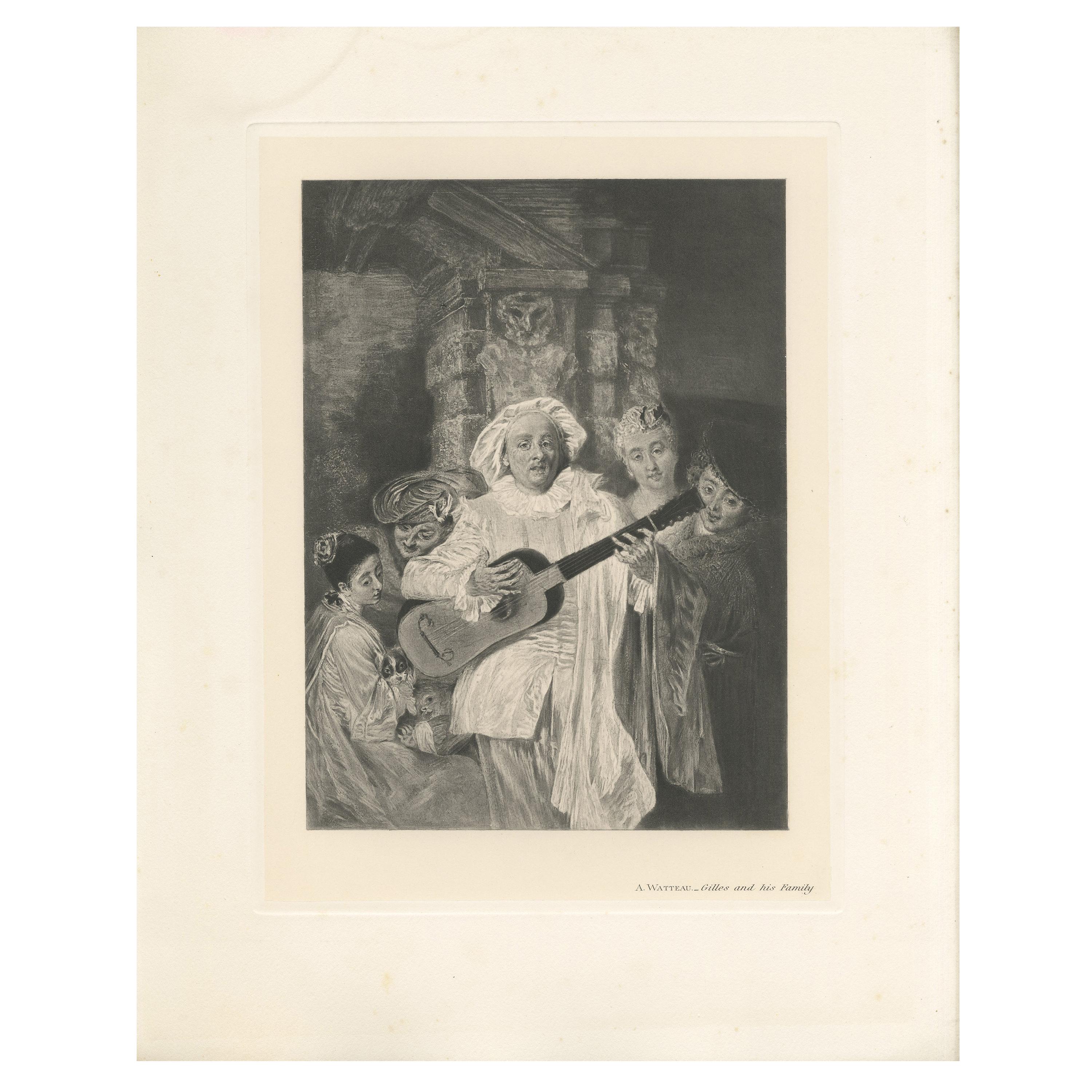 Antiker antiker Druck von „Gilles und seiner Familie“ nach A. Watteau „1902“