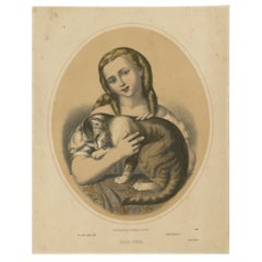 Antique Print of Girl with a Cat Entitled 'Poor Puss', ca.1850