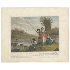 Antique Print of Girls and Boys fishing for Trout by Zaffonato 'c.1810'