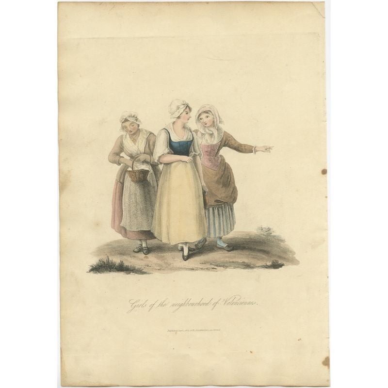 Antique costume print titled 'Girls of the neighbourhood of Valenciennes'. Old costume print depicting girls of the neighbourhood of Valenciennes. This print originates from 'The Costume of the Netherlands displayed in thirty coloured engravings'.