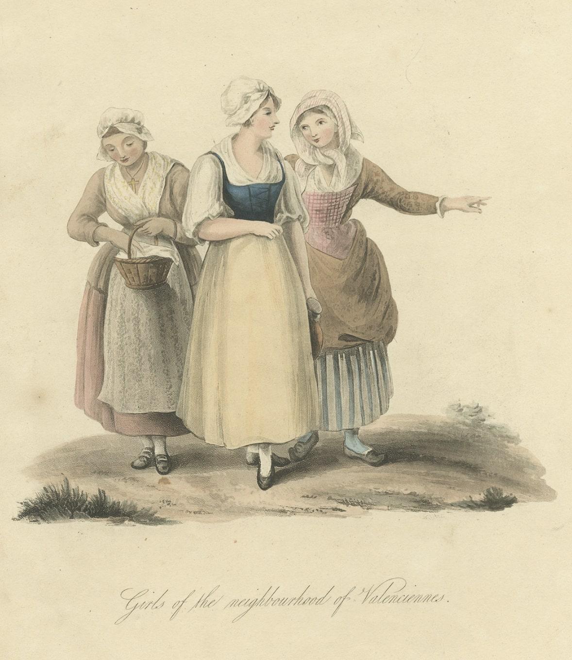 Papier Impression ancienne des filles du quartier de Valenciennes en Espagne, 1817 en vente
