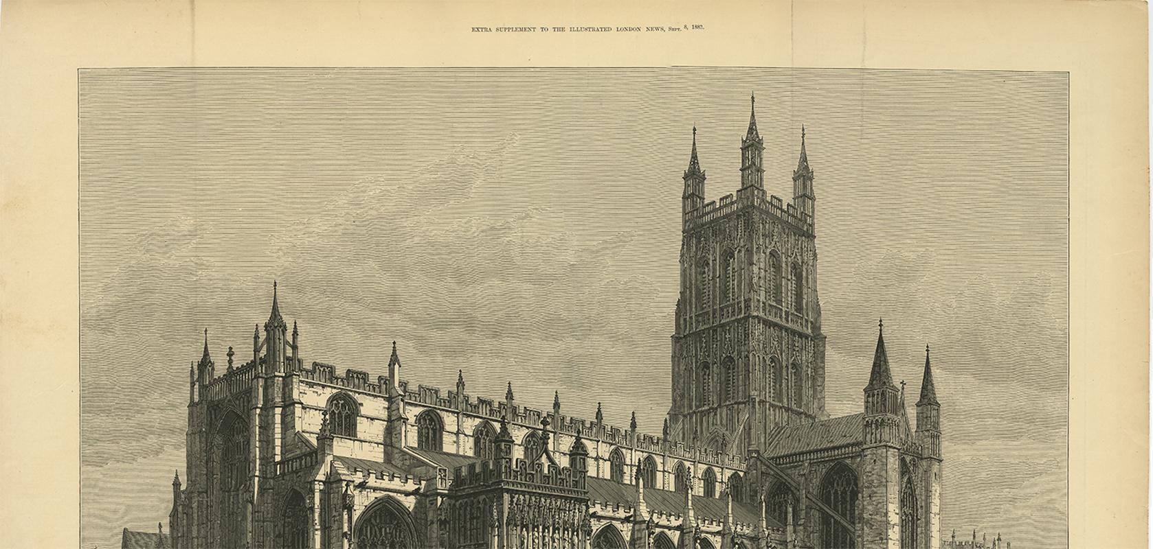 19th Century Antique Print of Gloucester Cathedral from the Illustrated London News, 1883