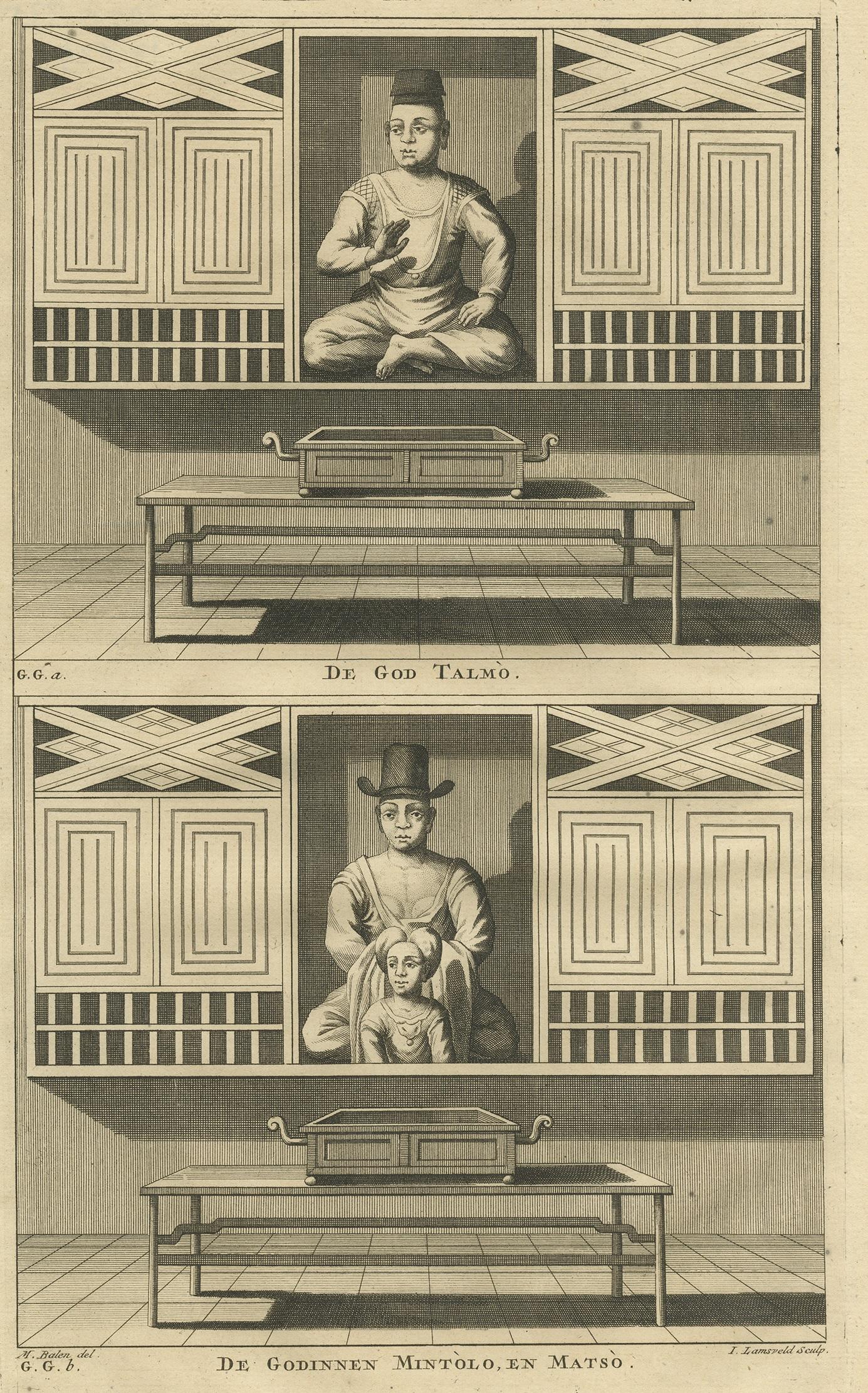 Two images on one sheet titled 'De God Talmo' and 'De Godinnen Mintolo en Matso'. This print originates from 'Oud en Nieuw Oost-Indiën' by F. Valentijn.