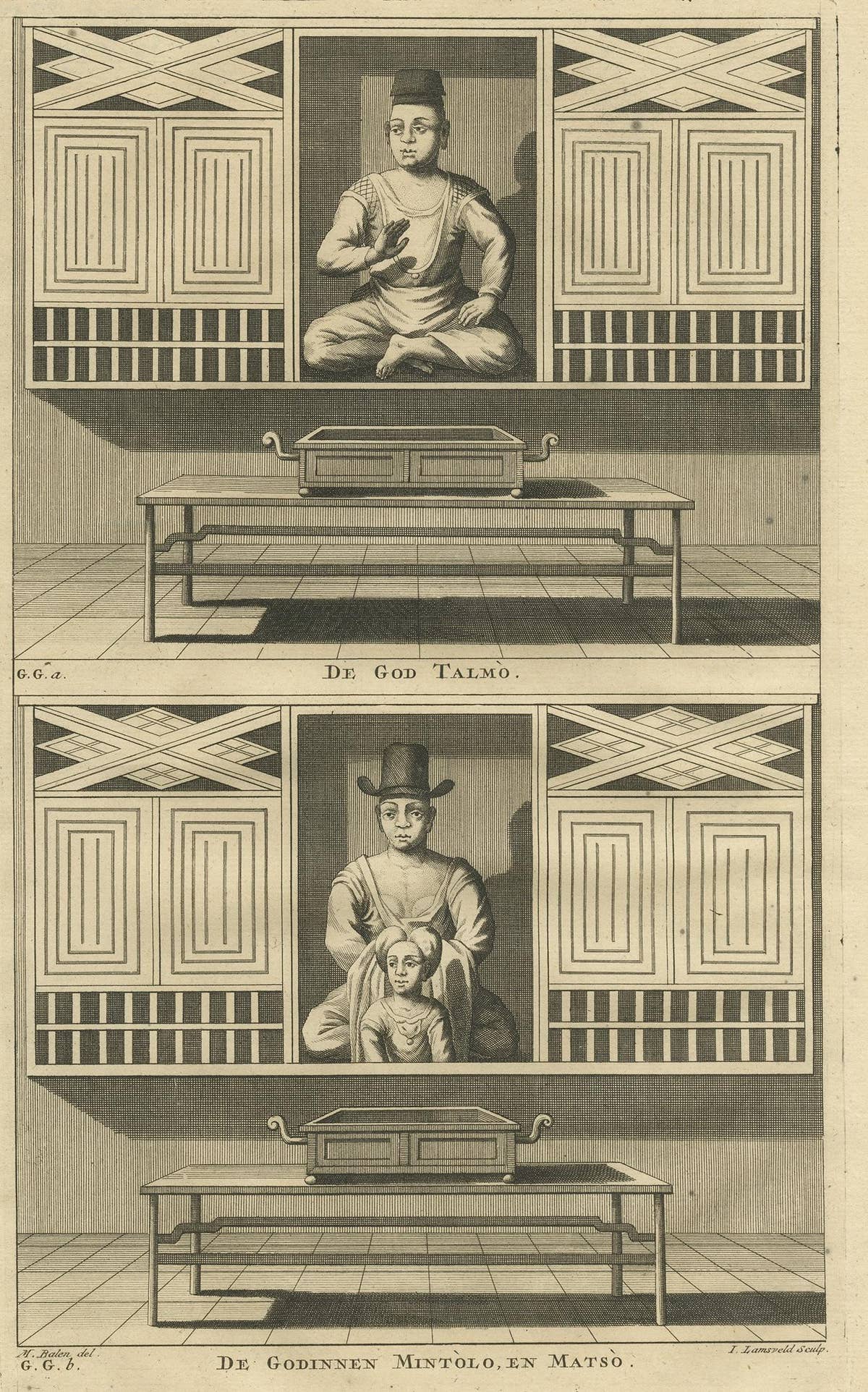 Antique Print of God Talmo and Goddesses Mintolo & Matso by Valentijn, 1726