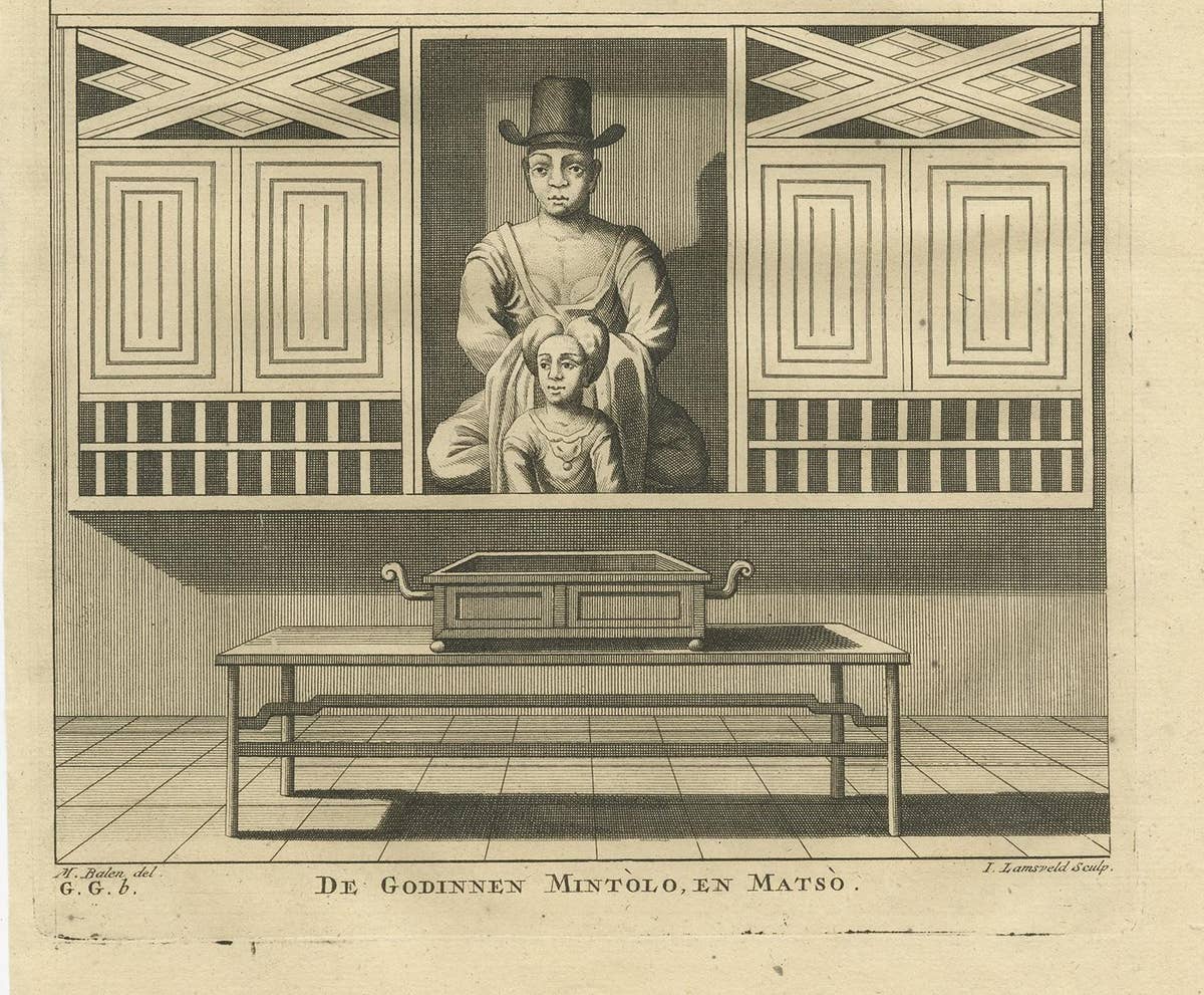 Antique Print of God Talmo and Goddesses Mintolo & Matso by Valentijn, 1726
