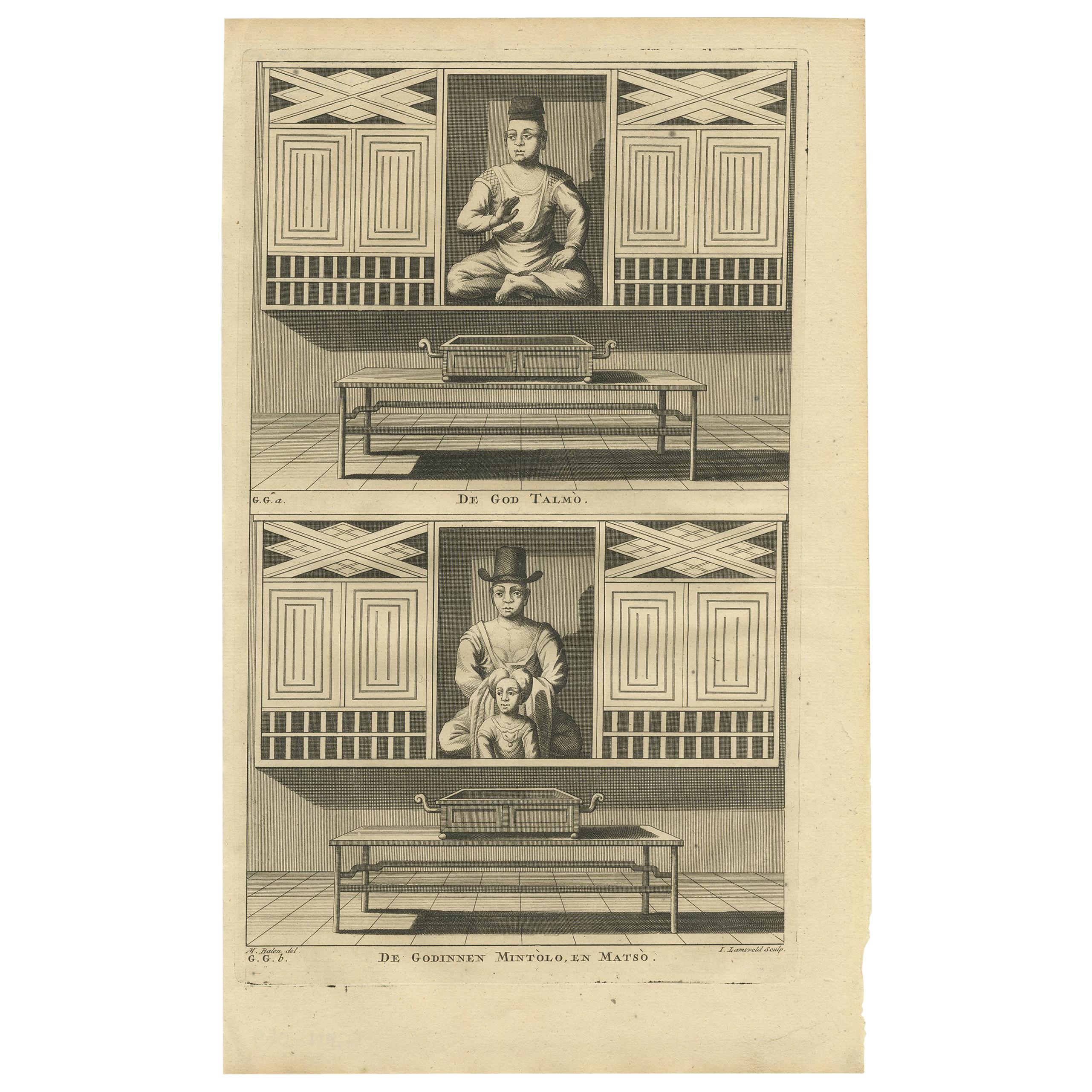 Impression ancienne du dieu Talmo et des déesses Mintolo & Matso par Valentijn, 1726