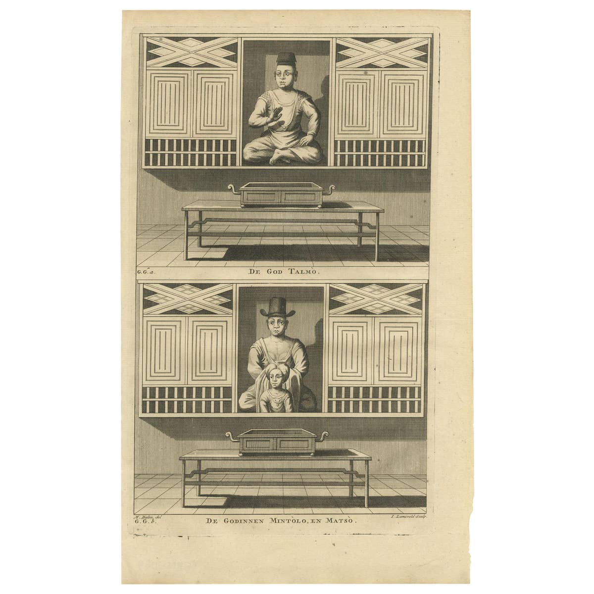Antique Print of God Talmo and Goddesses Mintolo & Matso by Valentijn, 1726