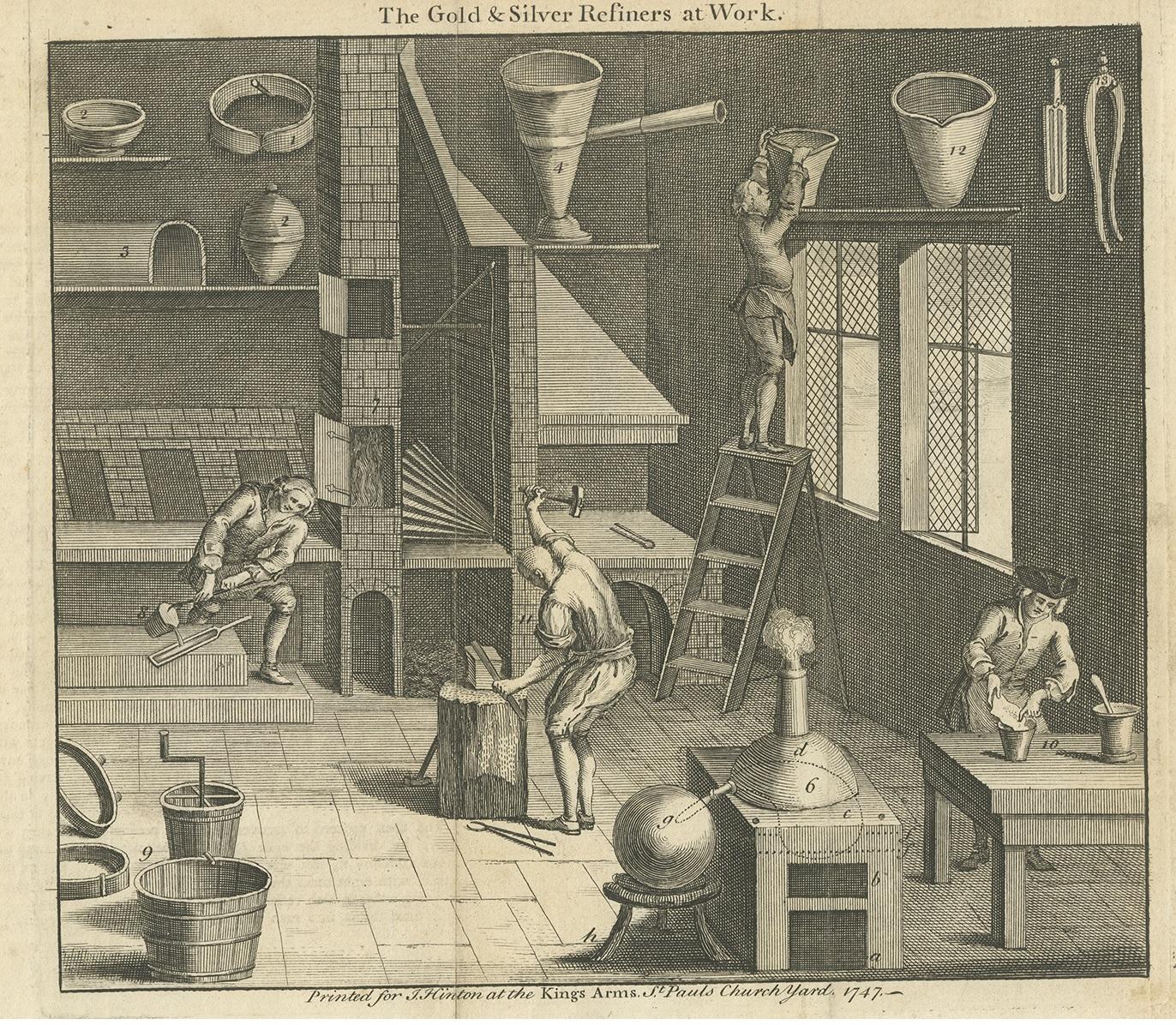 Antique print titled 'The Gold & Silver Refiners at Work'. View of a workshop with three men at work, the one to left pouring liquid into a mould, the one at centre hammering a metal tool, the one to right pouring a substance into pots. This print