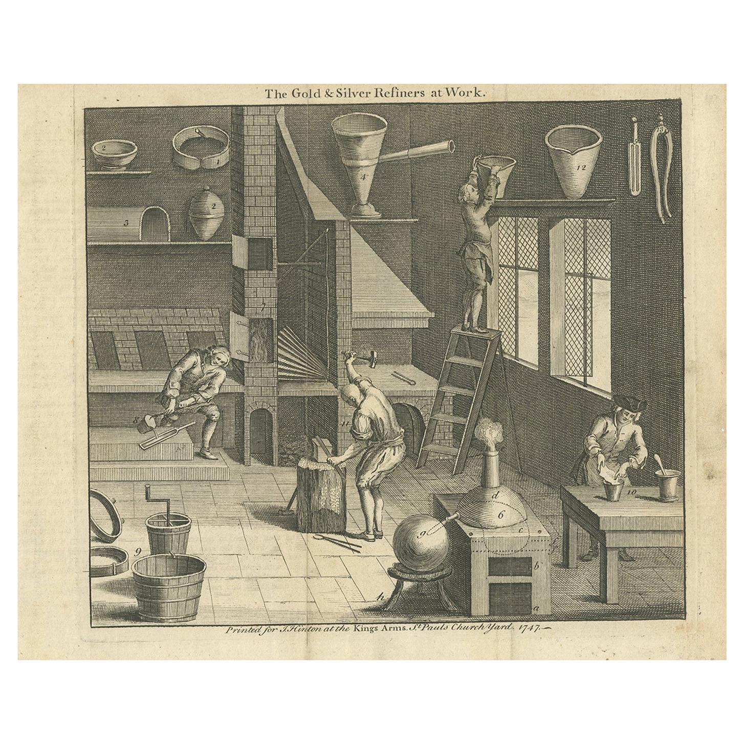 Antique Print of Gold and Silver Refiners at Work by Hinton, 1747 For Sale