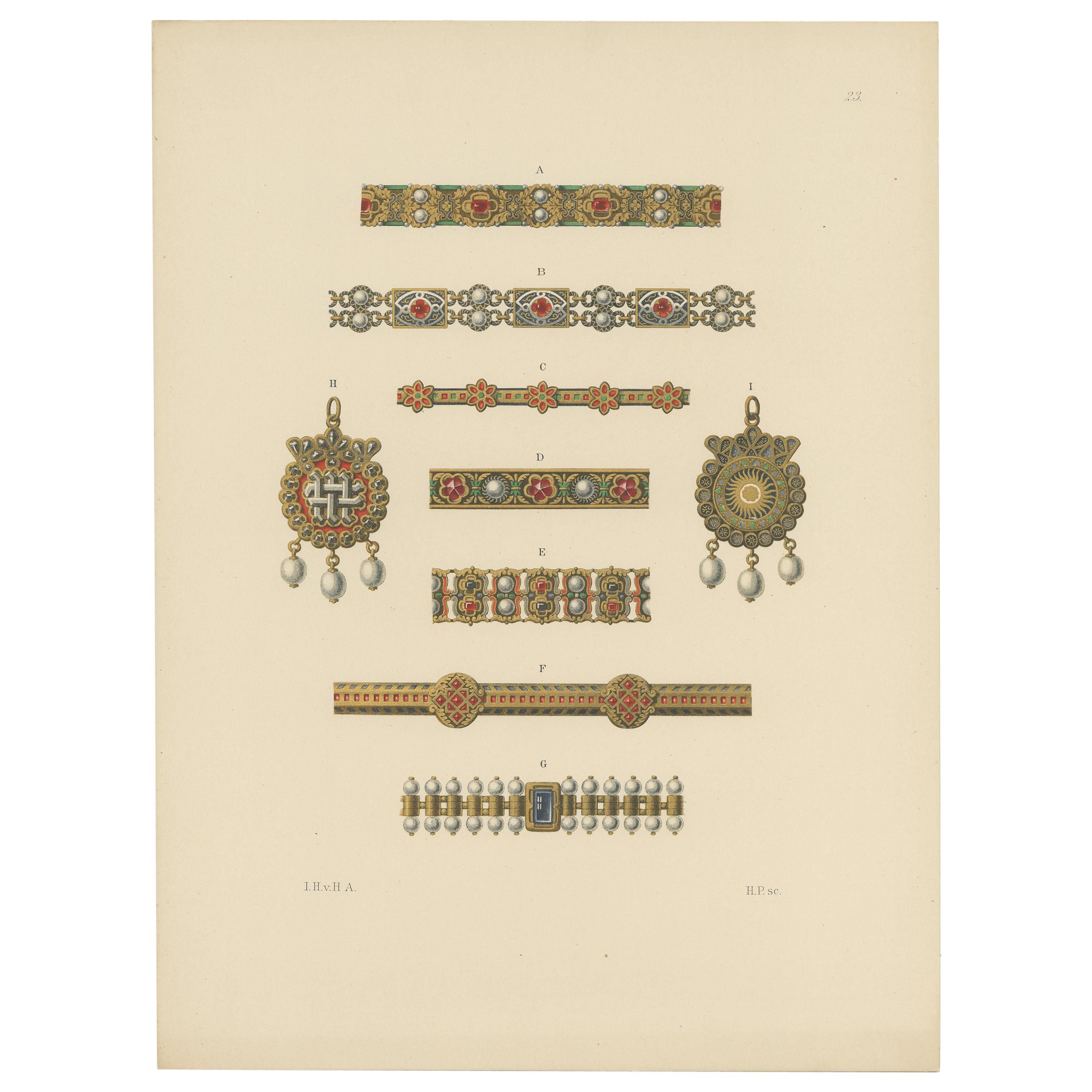 Antique Print of Gold Bracelets and Pendants by Hefner-Alteneck '1890' For Sale