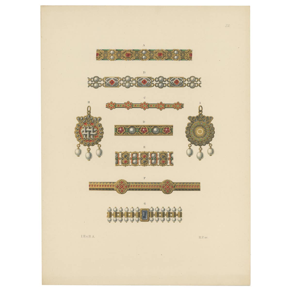 Antique Print of Gold Bracelets and Pendants by Hefner-Alteneck '1890'
