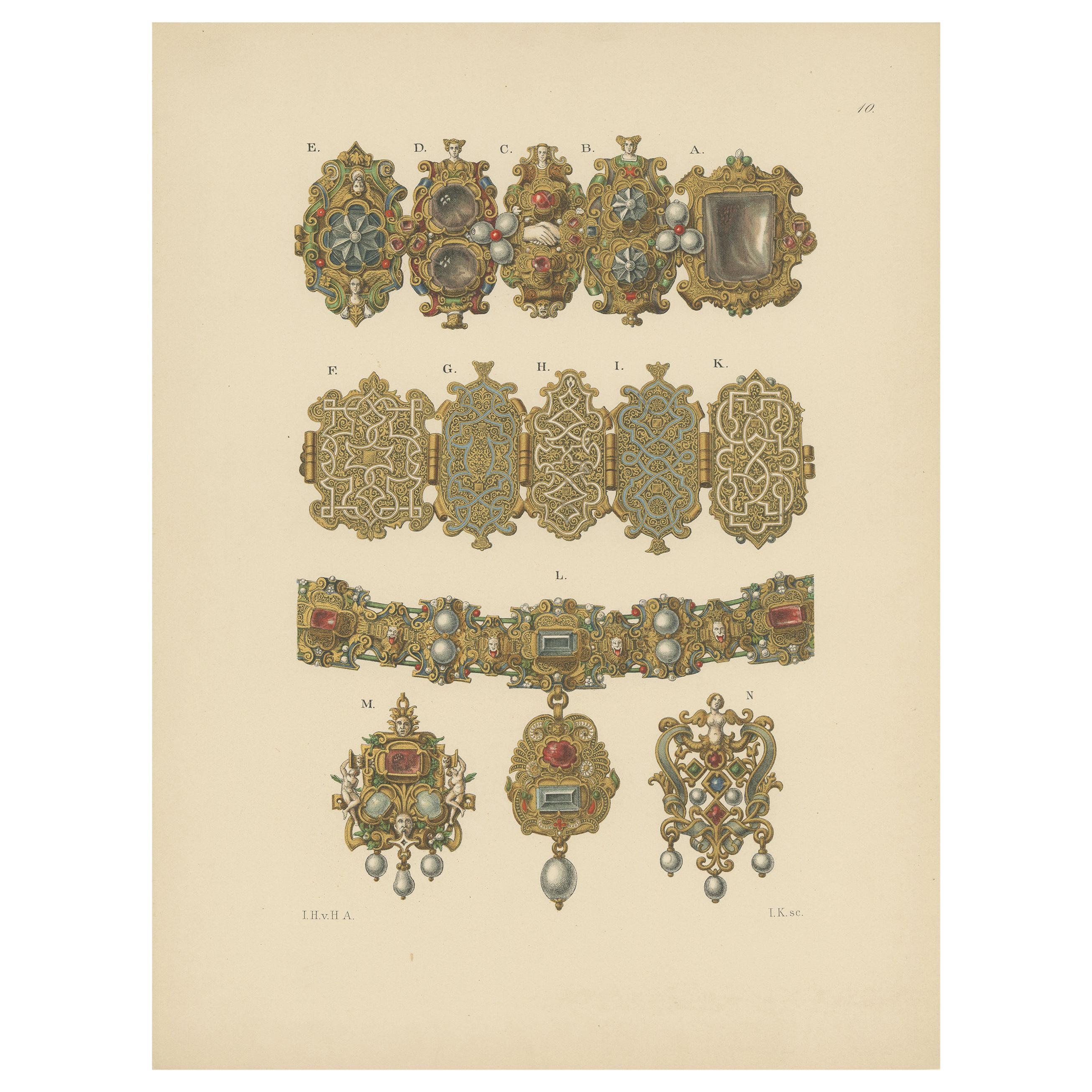 Antiker Druck von Goldarmbändern von Hefner-Alteneck '1890'
