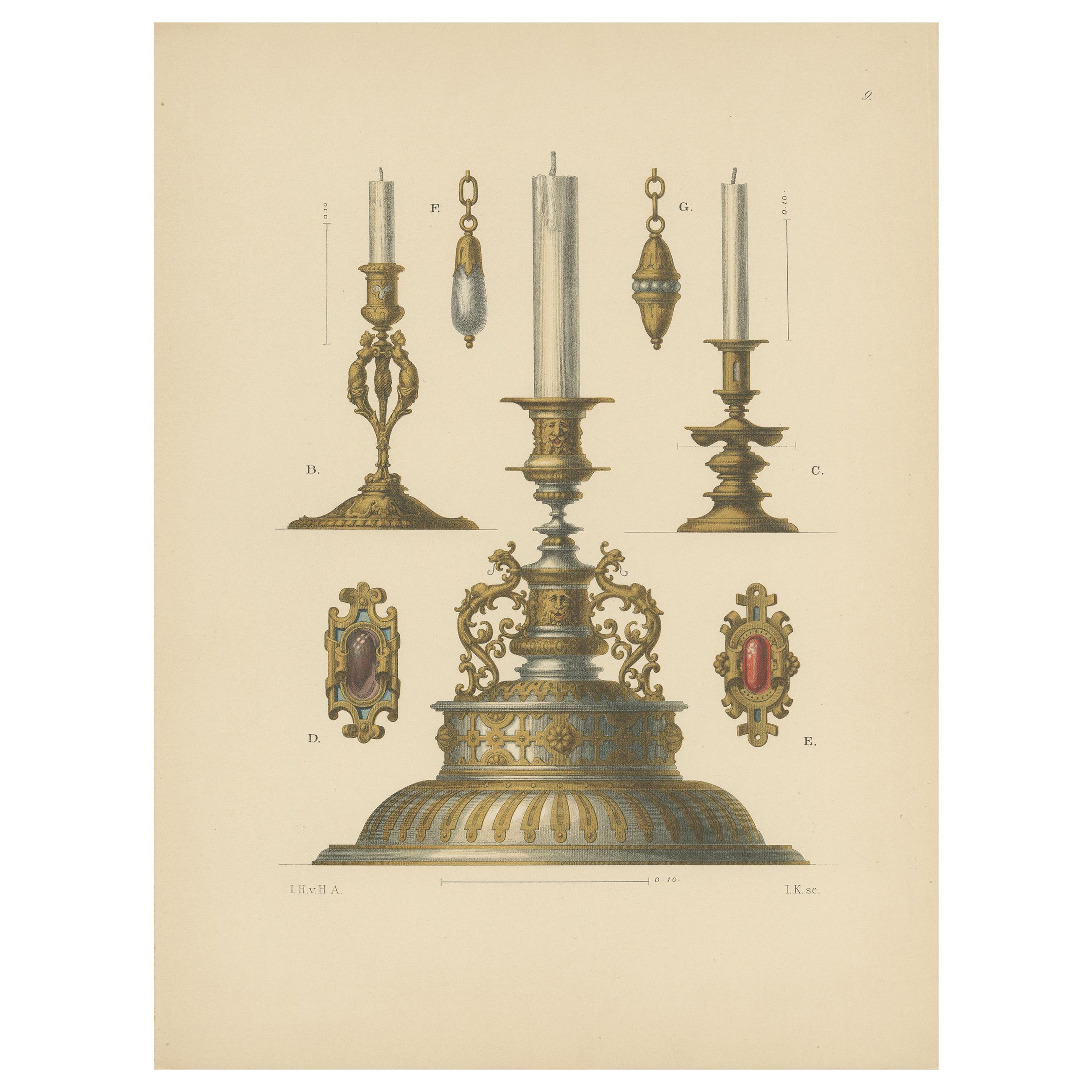 Antique Print of Gold Candleholders by Hefner-Alteneck, 1890 For Sale