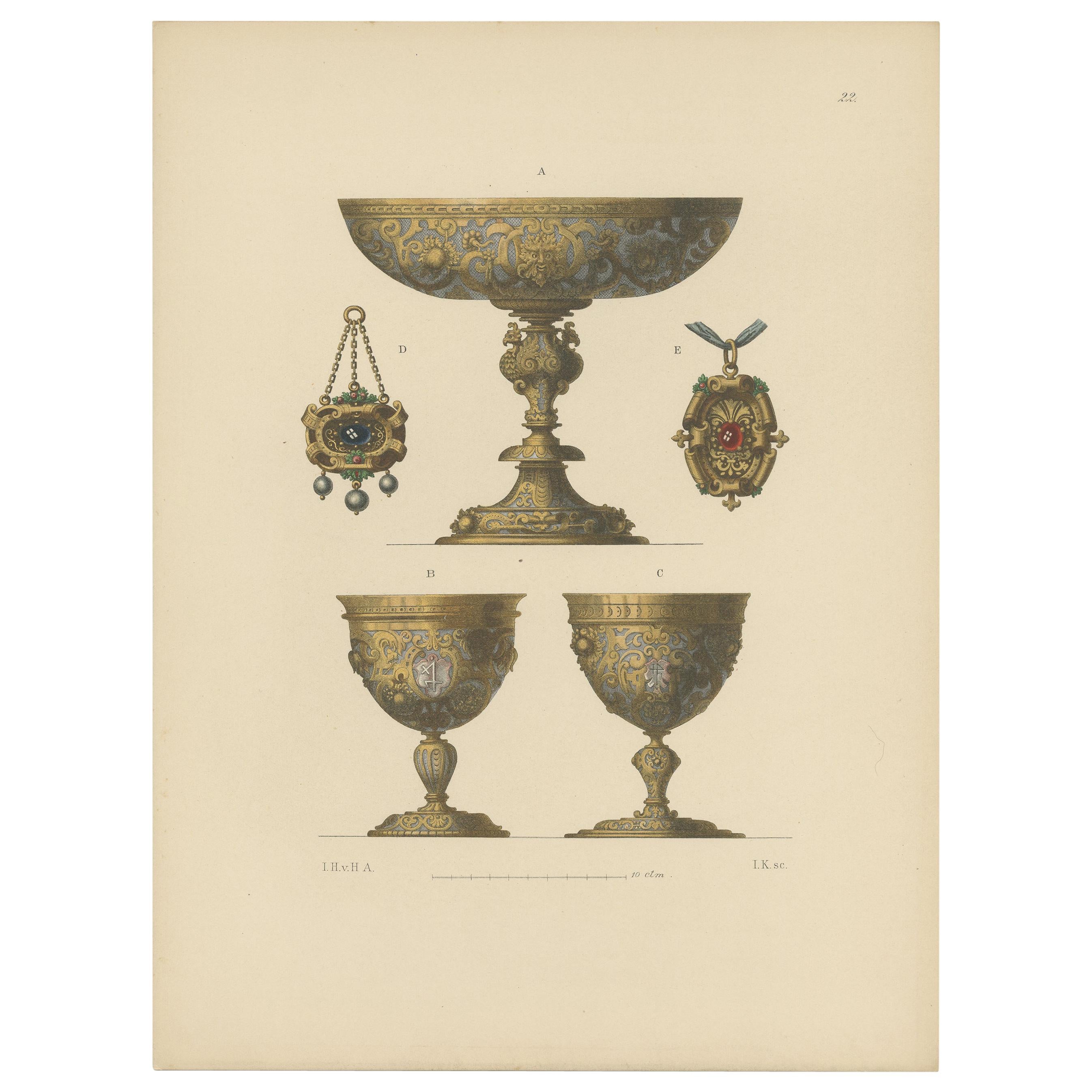 Antique Print of Gold Chalices by Hefner-Alteneck, '1890' For Sale