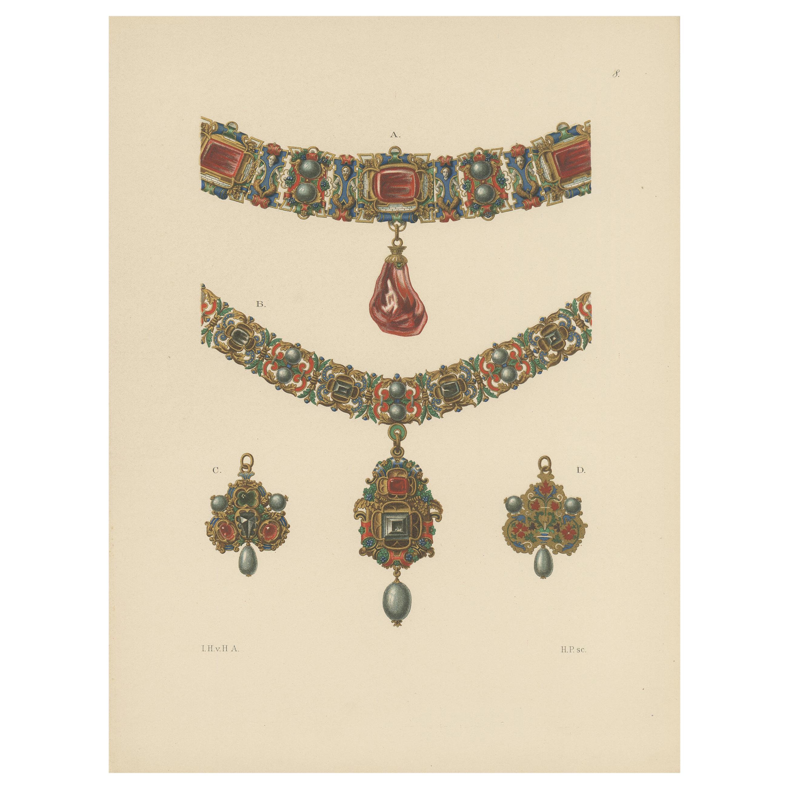 Antique Print of Gold Necklaces and Pendants by Hefner-Alteneck '1890' For Sale