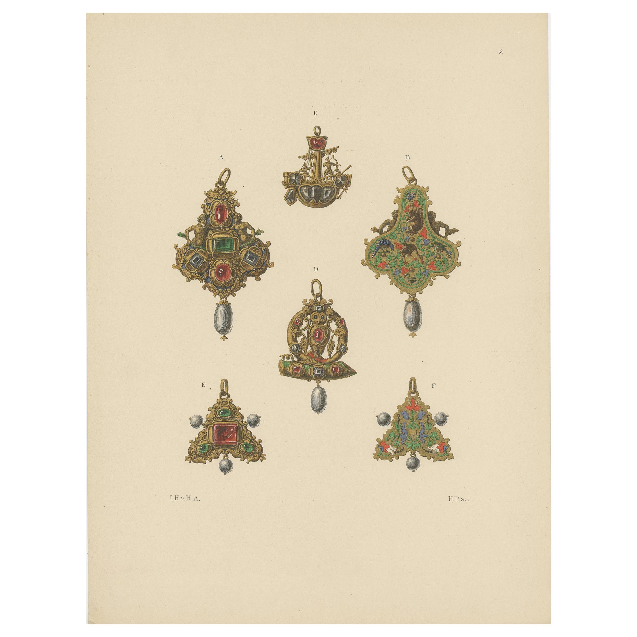 Antique Print of Gold Pendants with Gems by Hefner-Alteneck, 1890