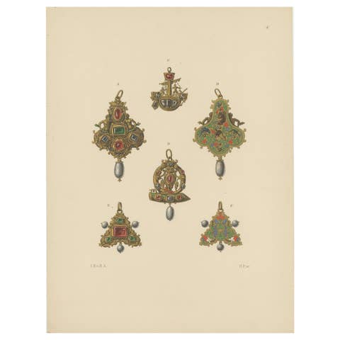 Antique Print of Gold Pendants with Gems by Hefner-Alteneck, 1890
