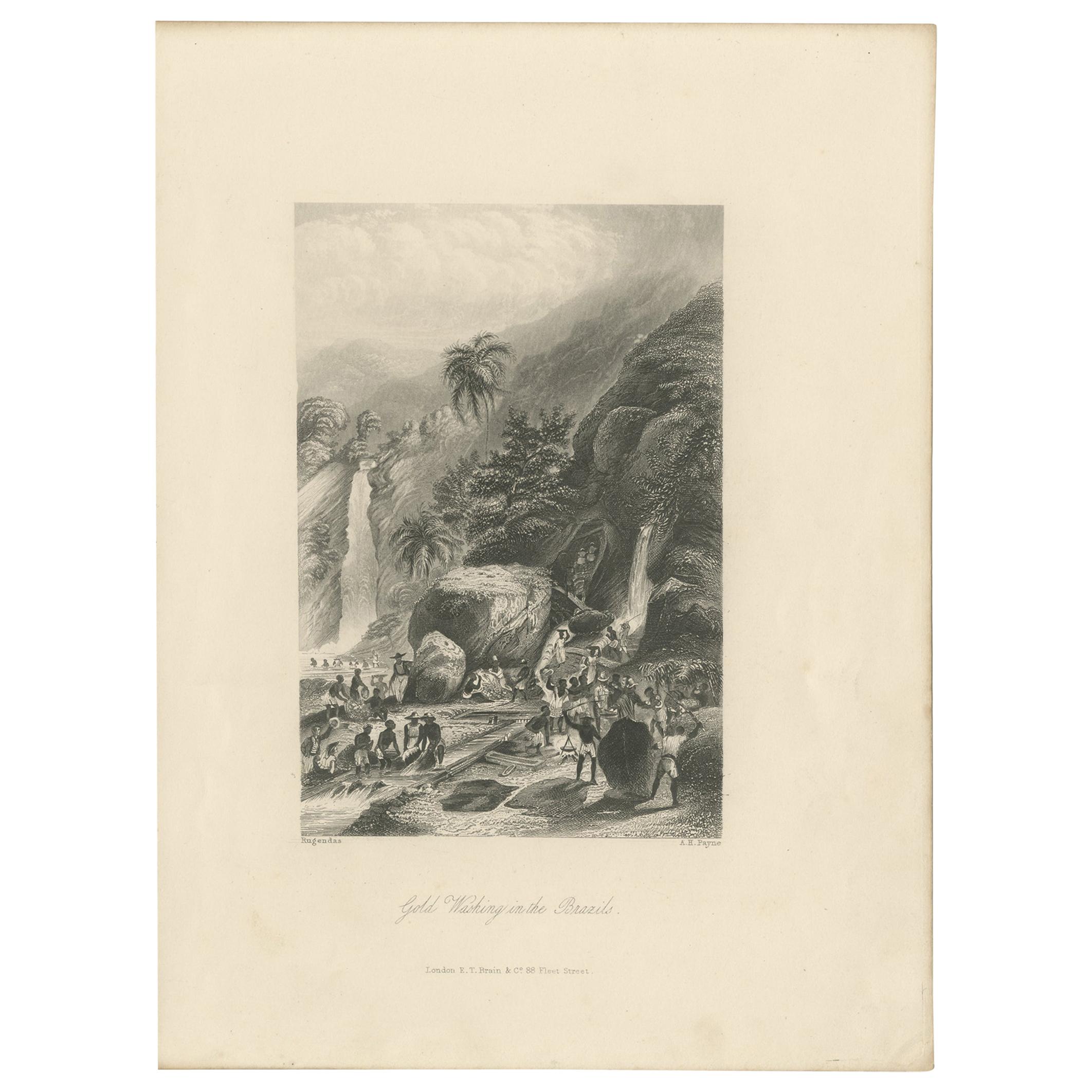 Antique Print of Gold Washing in Brazil by Payne '1847'