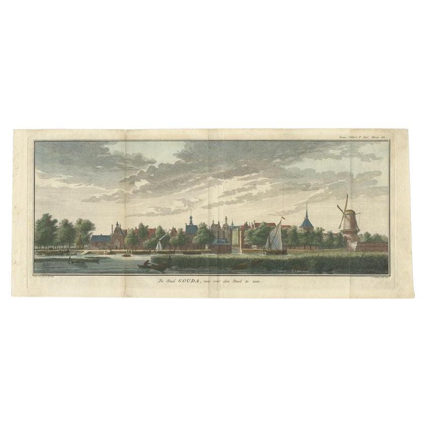Impression ancienne de Gouda, Pays-Bas, par Tirion, vers 1755