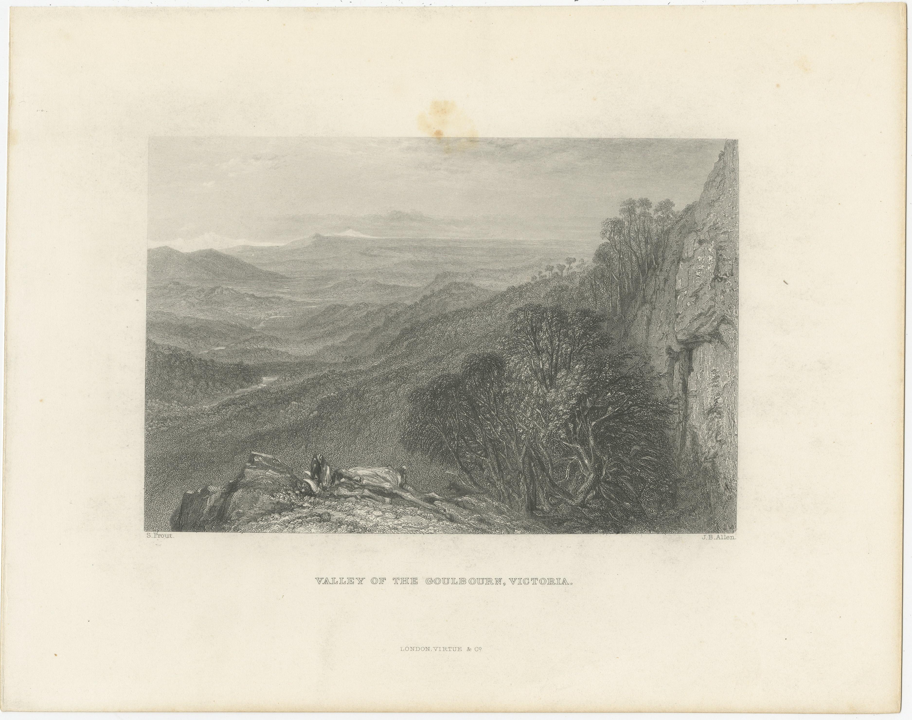 Antique print titled 'Valley of the Goulbourn, Victoria'. View of Goulburn Valley, Victoria, Australia. Engraved by J.B. Allen after S. Prout. Published by Virtue & Co, circa 1875.