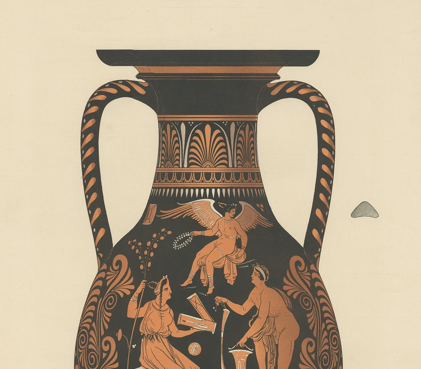 Antique print titled 'Amphora'. Color-printed large lithograph by Ernst Wasmuth depicting a Greek Amphora. This print originates from 'Griechische Keramik' by A. Genick. Albert Genick, an architect by training, was one of the leading German scholars