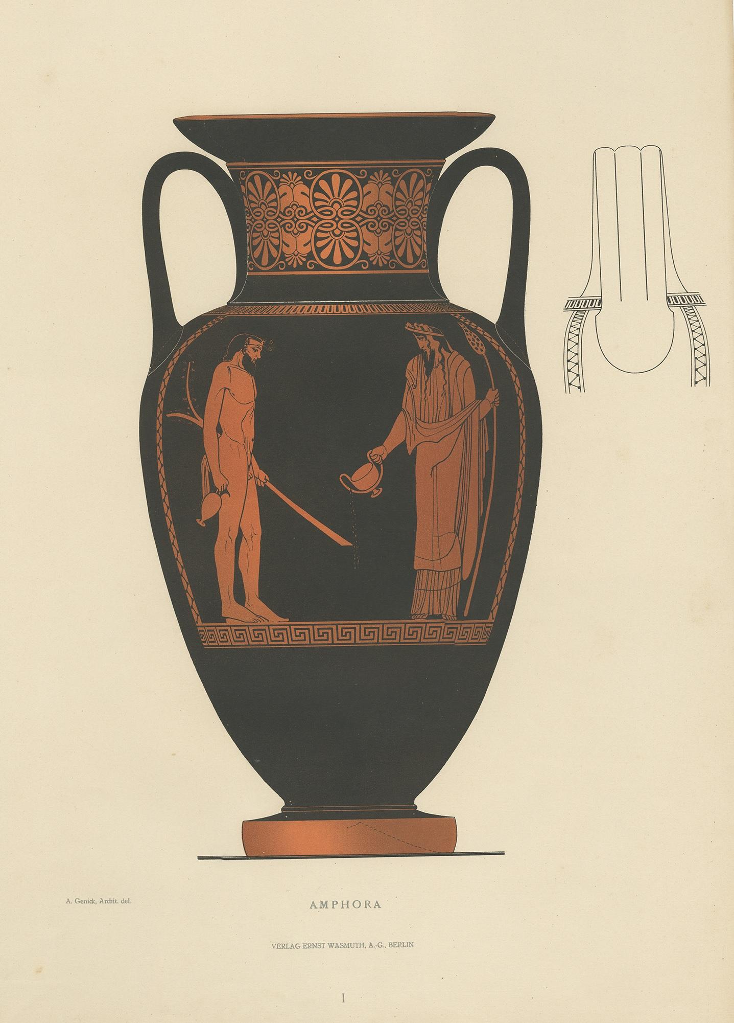 Estampe ancienne intitulée 'Amphora'. Grande lithographie imprimée en couleur d'Ernst Wasmuth représentant une Amphora grecque. Cette estampe est tirée de l'ouvrage 