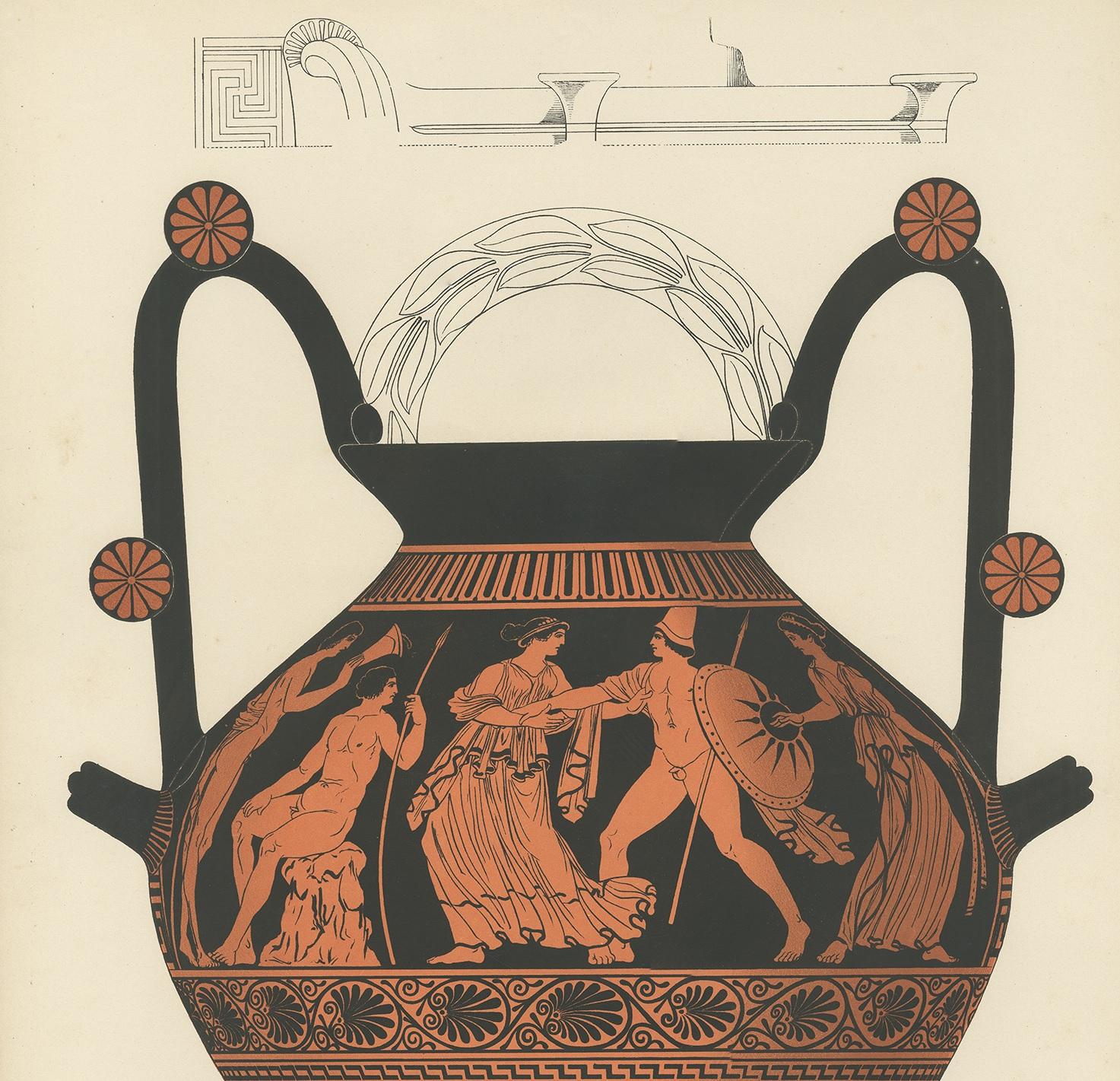 Gravure ancienne de céramiques grecques 'Amphora' par Genick, '1883'. Bon état - En vente à Langweer, NL