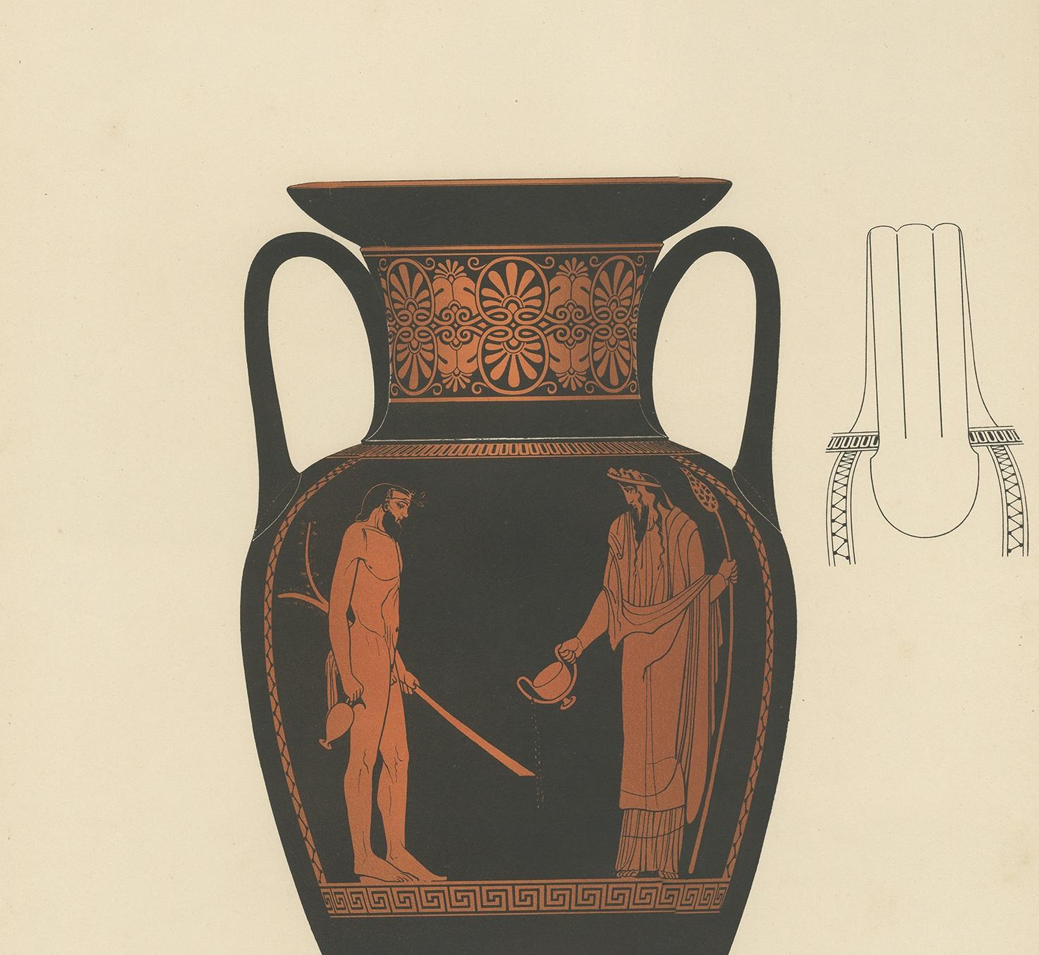 Gravure ancienne de céramiques grecques 'Amphora' par Genick, '1883'. Bon état - En vente à Langweer, NL