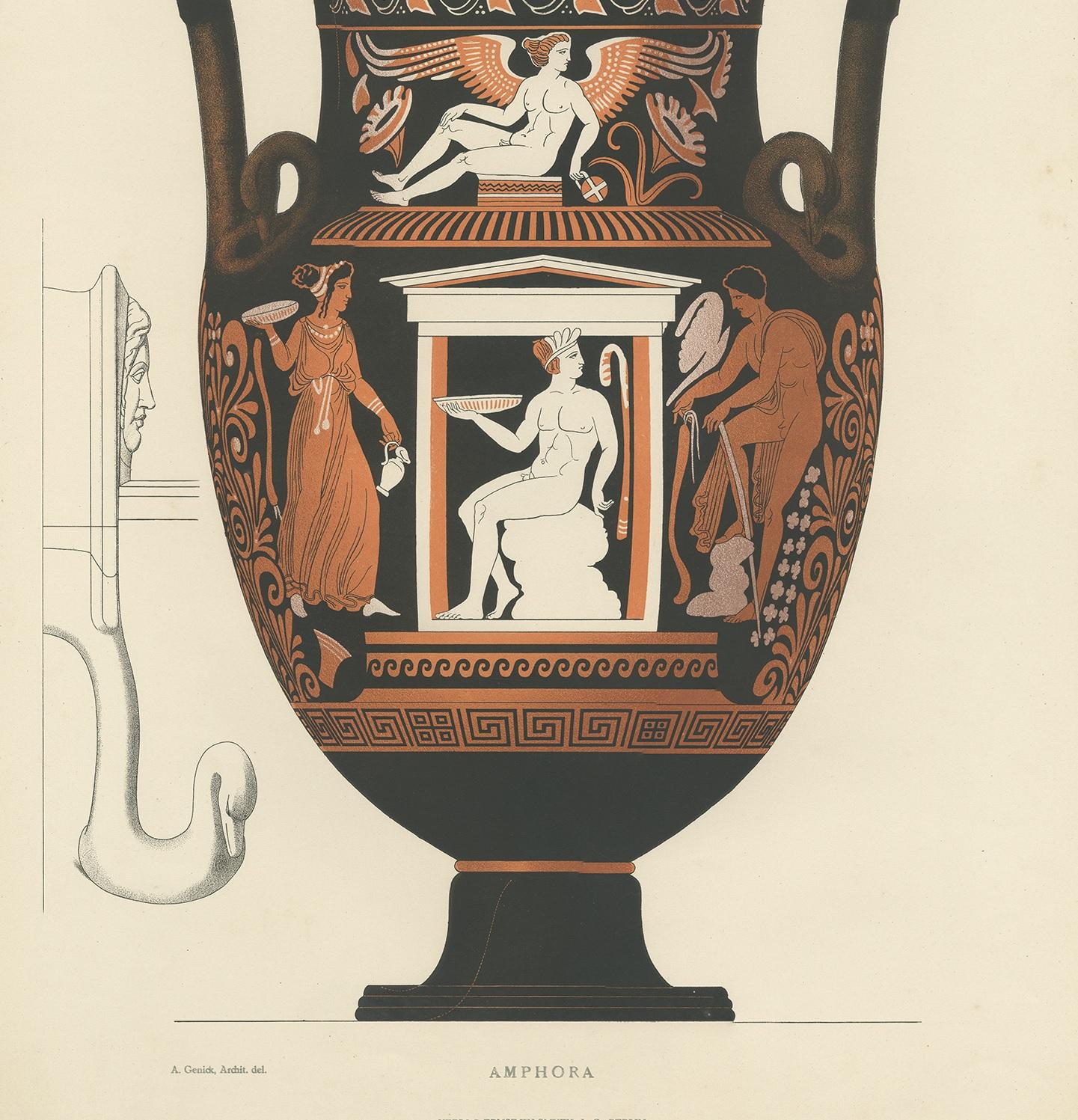 19th Century Antique Print of Greek Ceramics 'Amphora' by Genick, '1883'