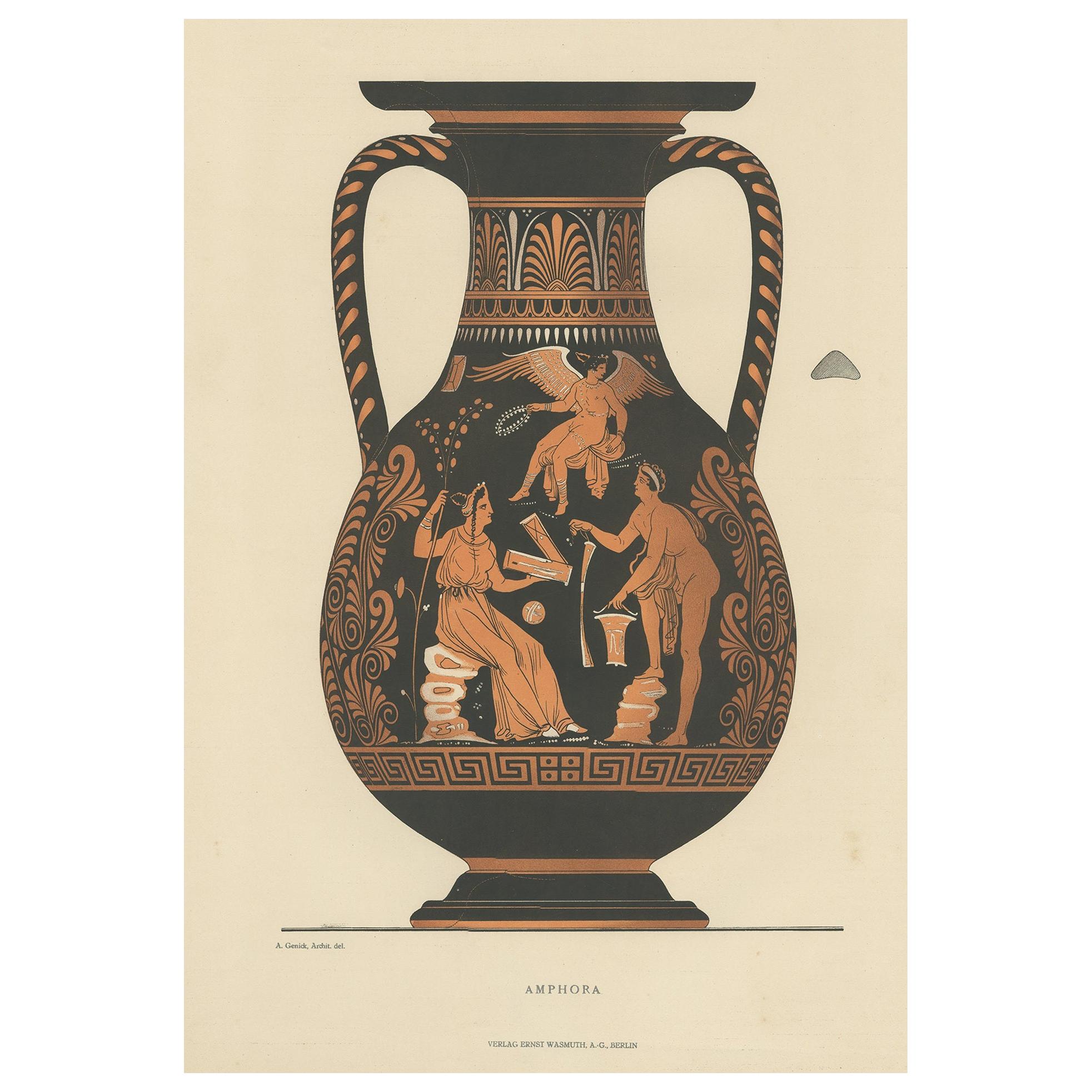 Gravure ancienne de céramiques grecques 'Amphora' par Genick, '1883'.