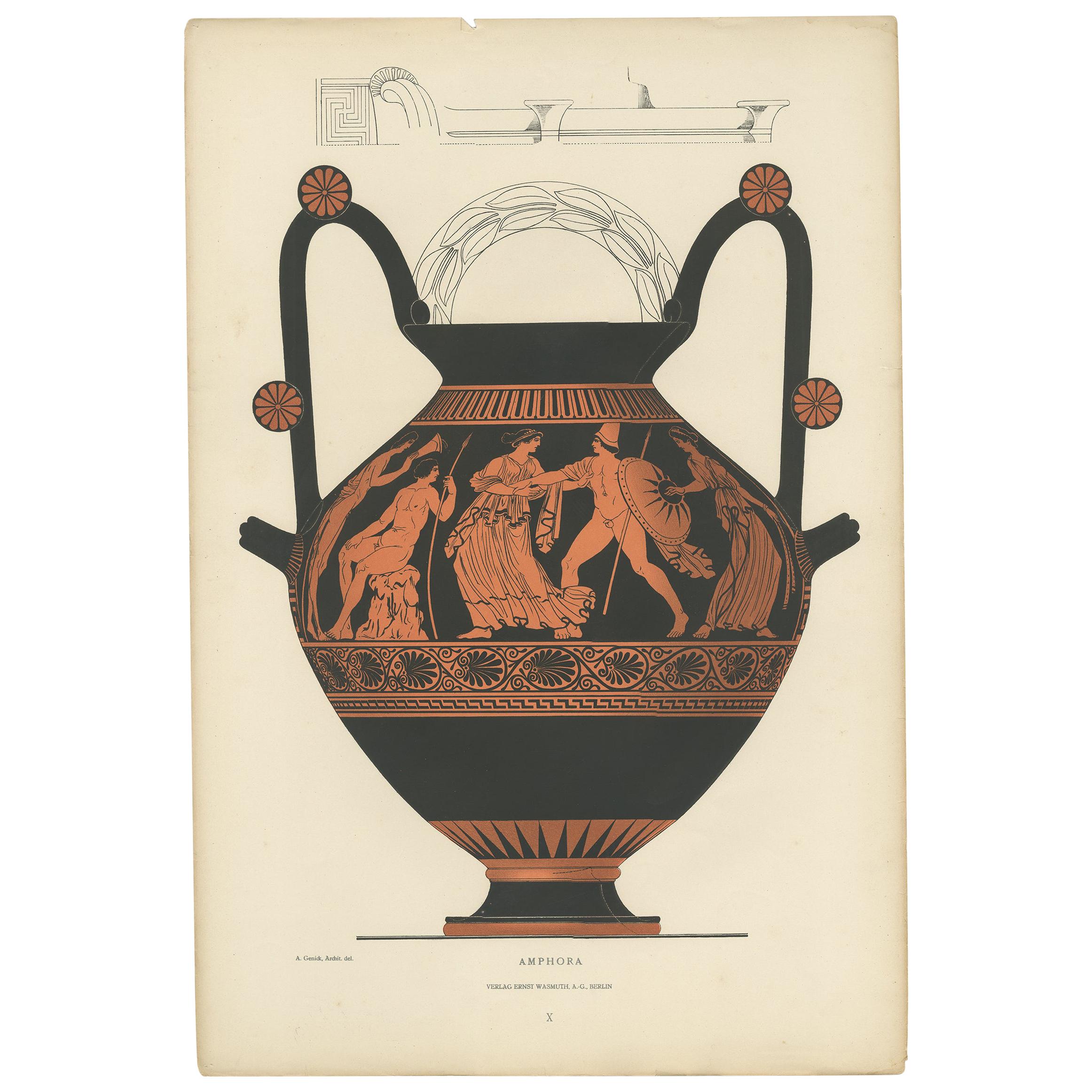 Gravure ancienne de céramiques grecques 'Amphora' par Genick, '1883'. en vente