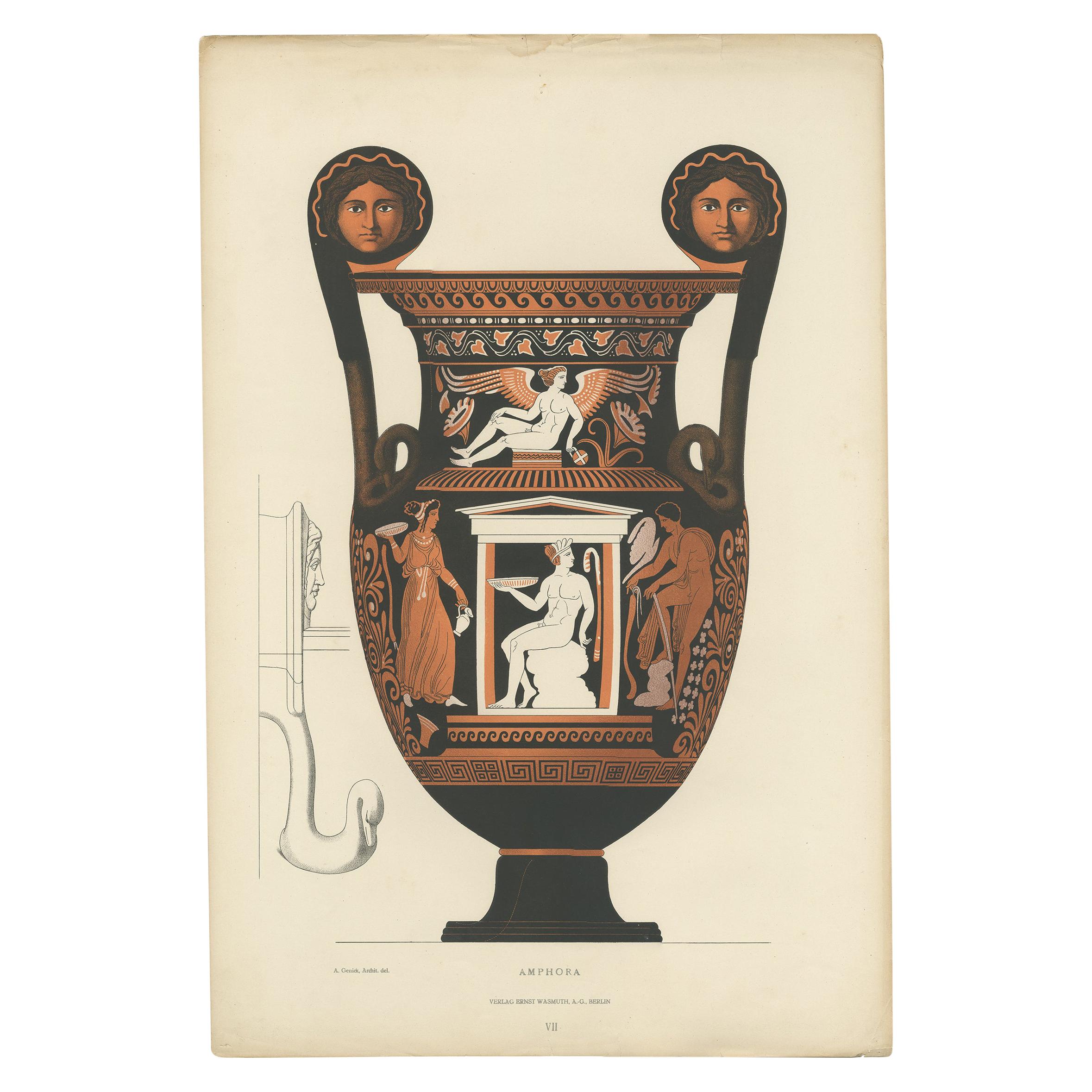 Antique Print of Greek Ceramics 'Amphora' by Genick, '1883'