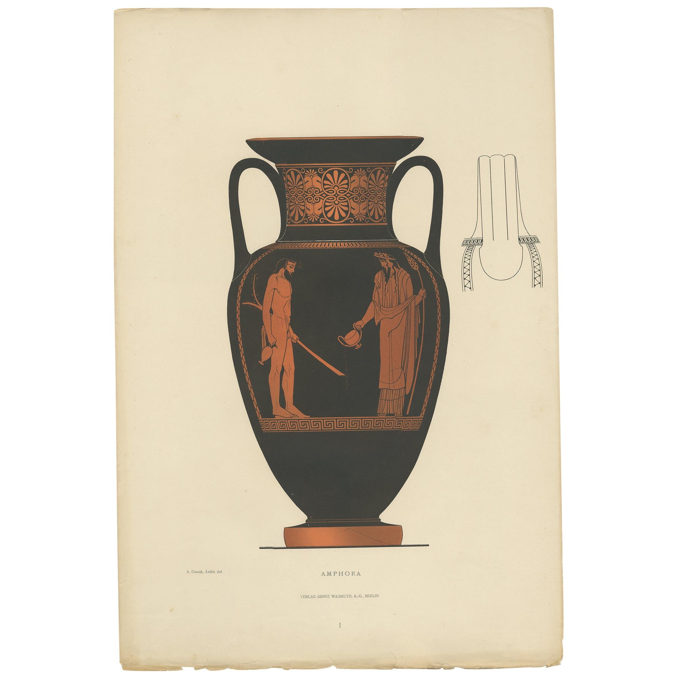 Gravure ancienne de céramiques grecques 'Amphora' par Genick, '1883'.