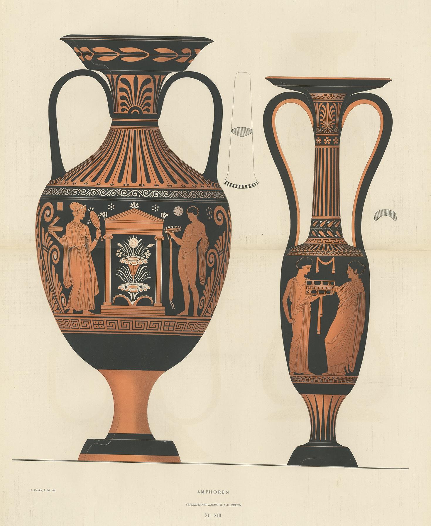 Antique print titled 'Amphoren'. Color-printed large lithograph by Ernst Wasmuth depicting Greek amphorae. This print originates from 'Griechische Keramik' by A. Genick. Albert Genick, an architect by training, was one of the leading German scholars