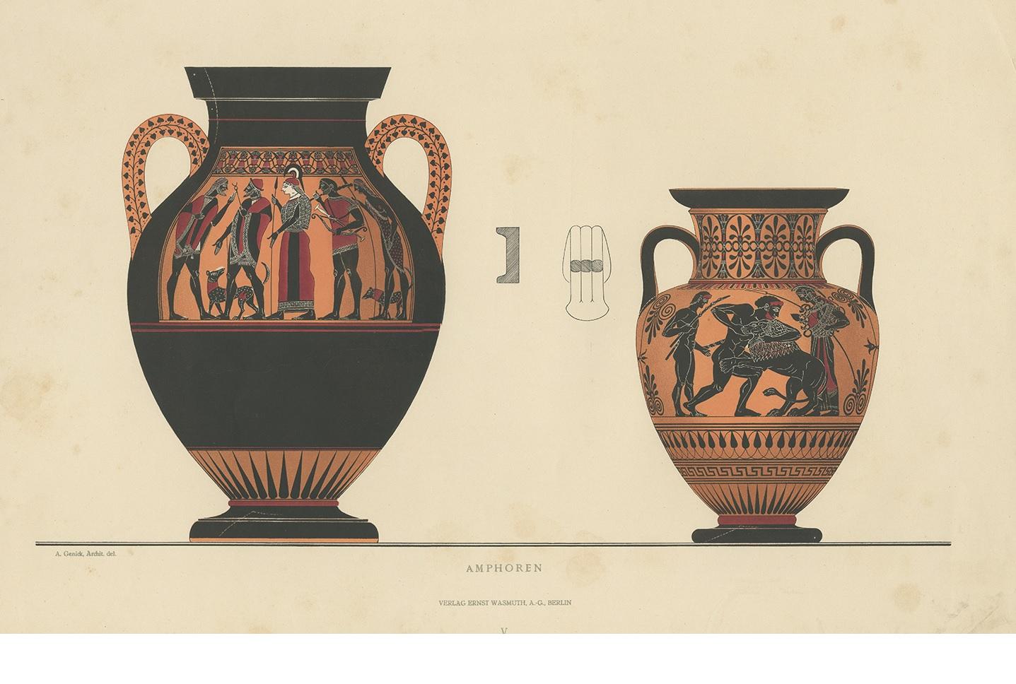 Antique print titled 'Amphoren'. Color-printed large lithograph by Ernst Wasmuth depicting a Greek amphorae. This print originates from 'Griechische Keramik' by A. Genick. Albert Genick, an architect by training, was one of the leading German