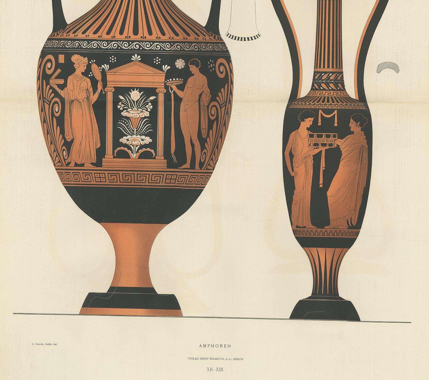 19th Century Antique Print of Greek Ceramics 'Amphoren' by Genick, '1883'