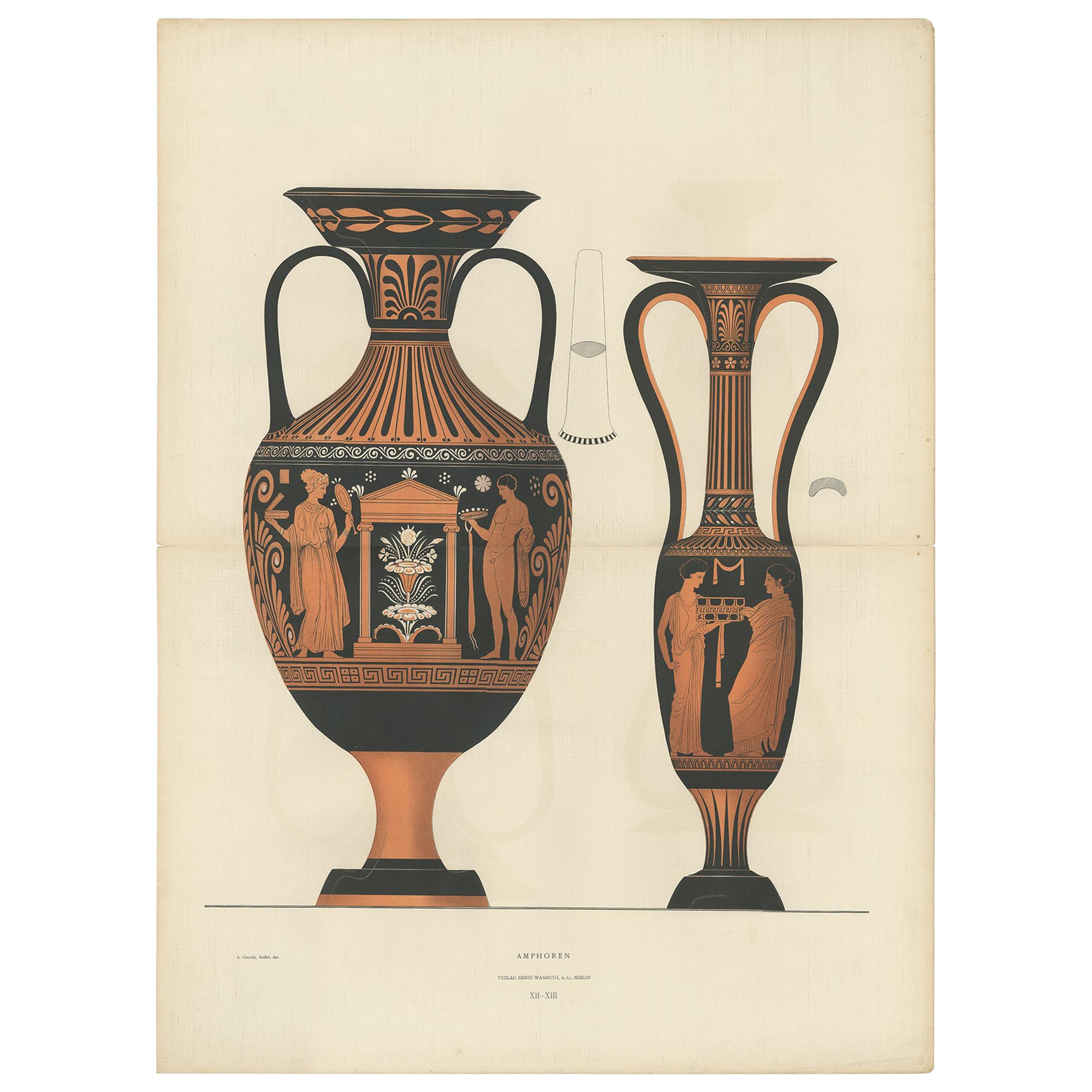Antique Print of Greek Ceramics 'Amphoren' by Genick, '1883'