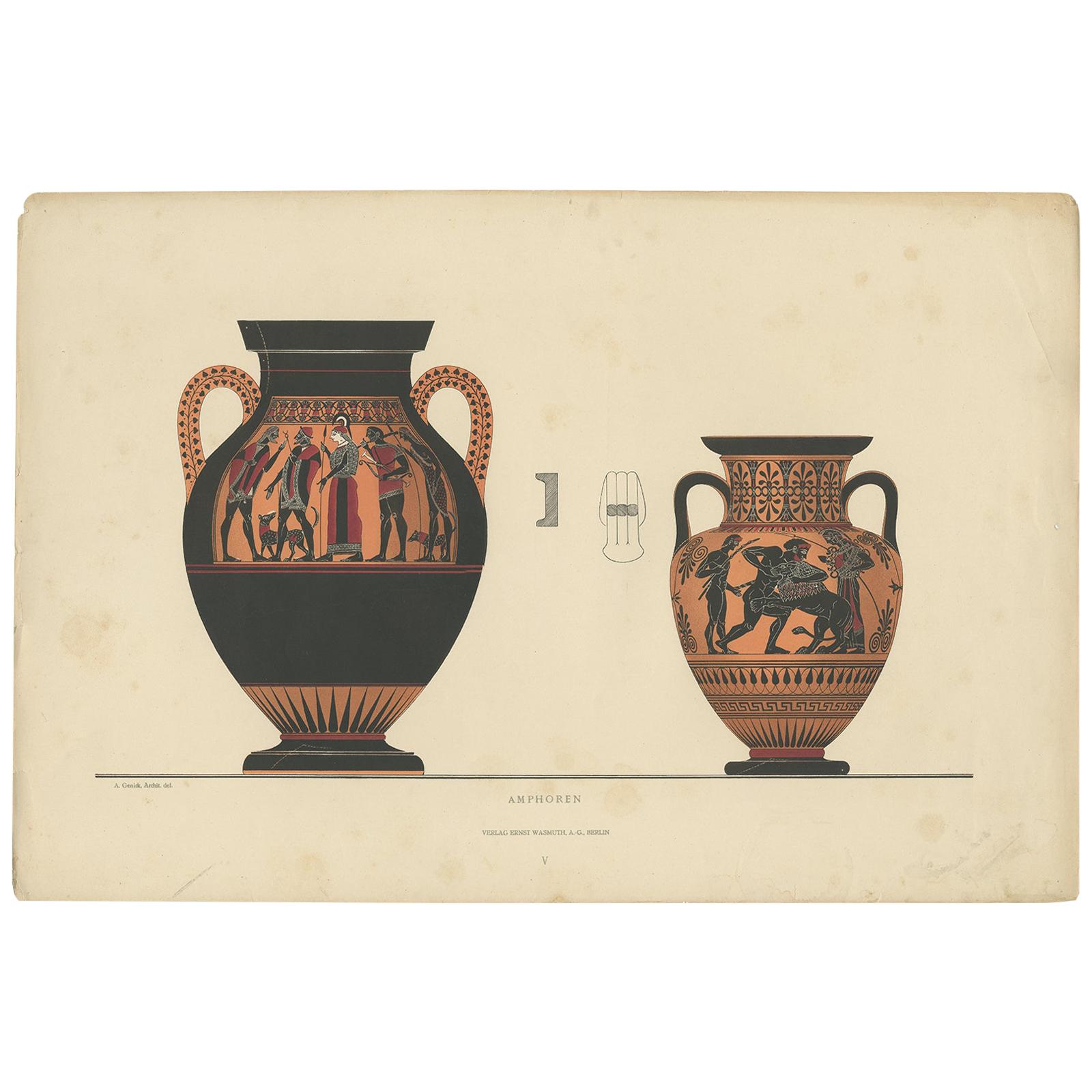 Antique Print of Greek Ceramics 'Amphoren' by Genick '1883' For Sale