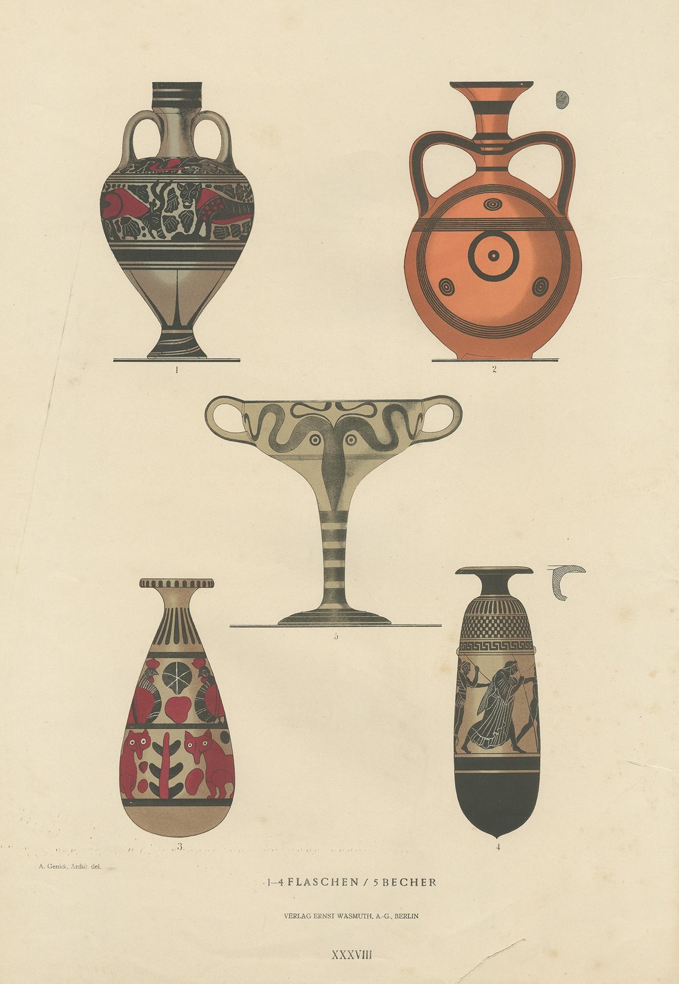Antique print titled 'Flaschen, Becher'. Color-printed large lithograph by Ernst Wasmuth depicting Greek bottels and a Greek goblet. This print originates from 'Griechische Keramik' by A. Genick. Albert Genick, an architect by training, was one of