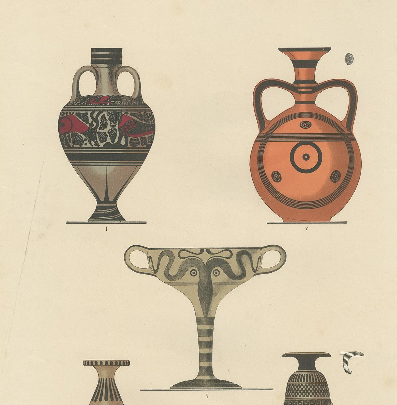 Antique Print of Greek Ceramics 'Flaschen/Becher' by Genick, 1883 In Good Condition For Sale In Langweer, NL