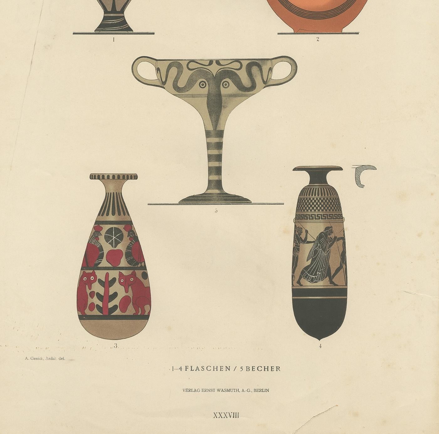 19th Century Antique Print of Greek Ceramics 'Flaschen/Becher' by Genick, 1883 For Sale