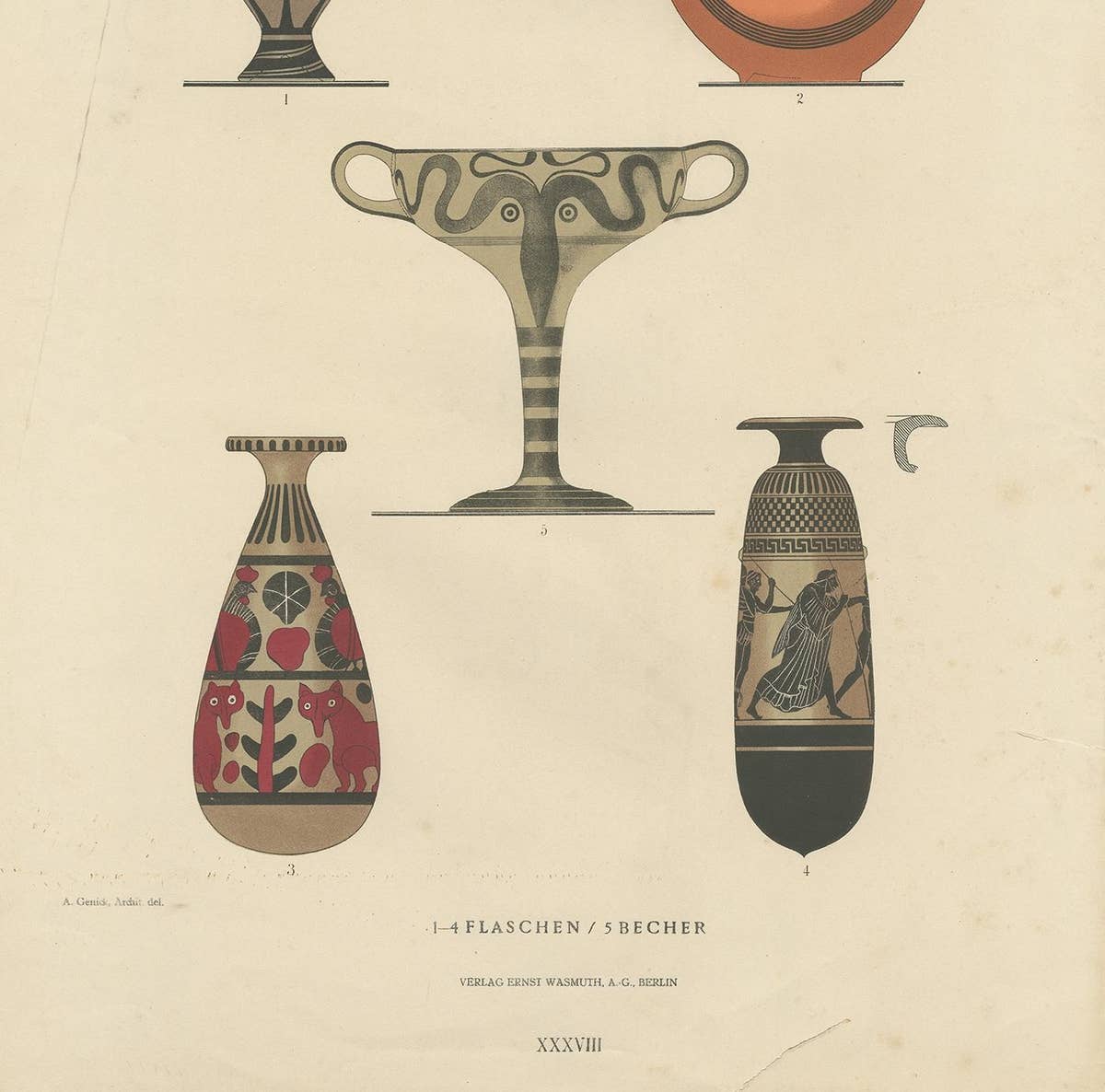 Antique Print of Greek Ceramics 'Flaschen/Becher' by Genick, 1883