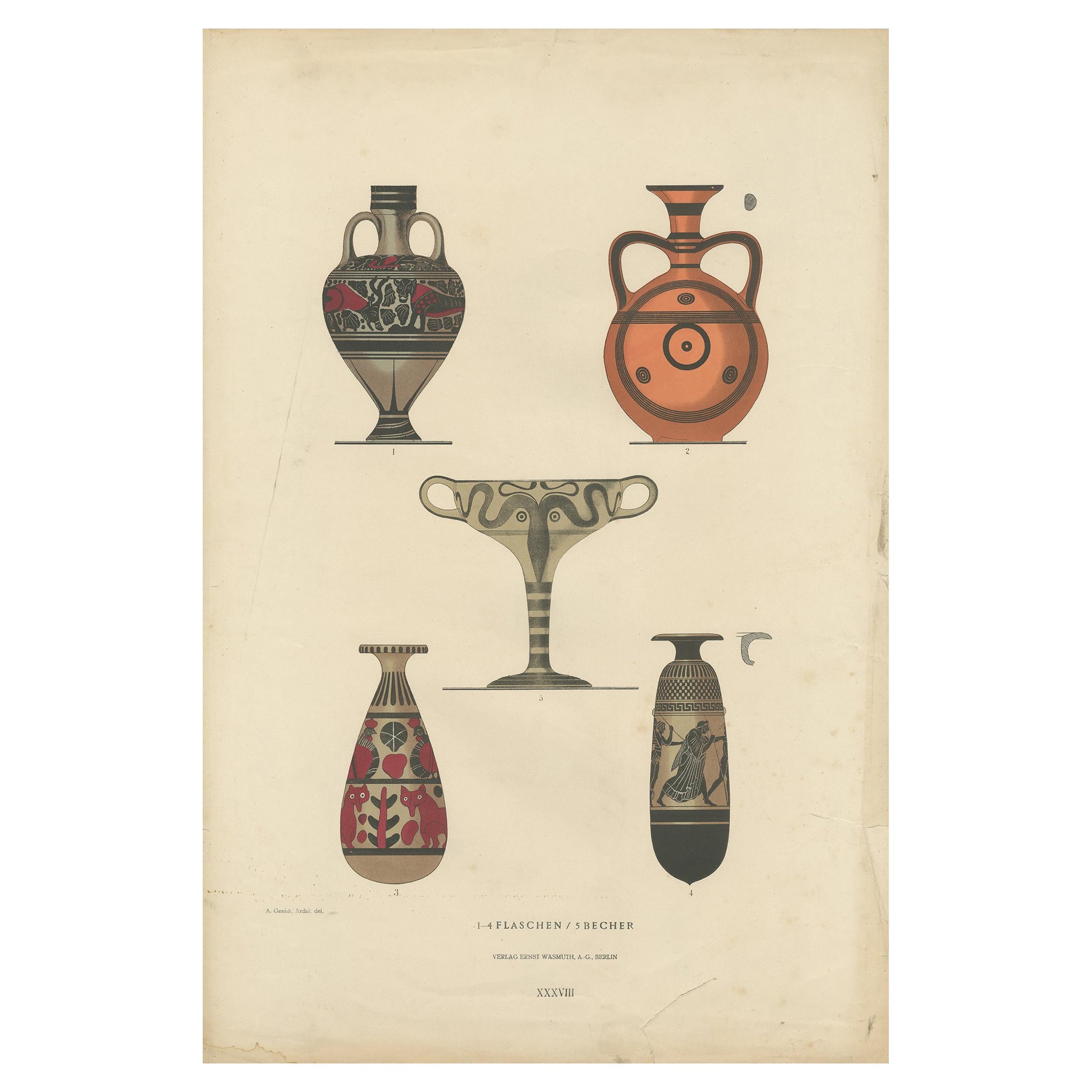 Antique Print of Greek Ceramics 'Flaschen/Becher' by Genick, 1883 For Sale