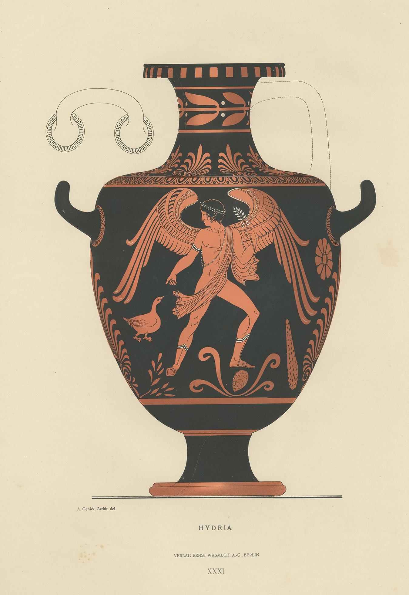 Antique print titled 'Hydria'. Colour-printed large lithograph by Ernst Wasmuth depicting a Greek hydria (water jar). A is a type of water-carrying vessel in the metalwork and pottery of Ancient Greece. The hydria has three handles. Two horizontal